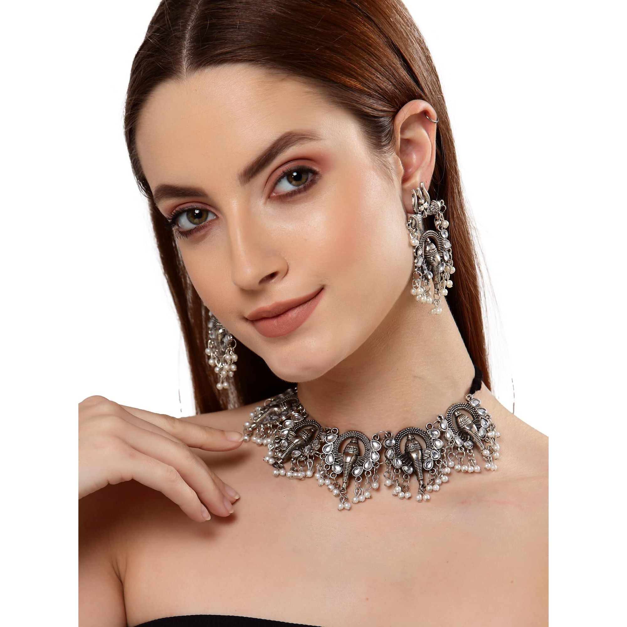 Shining Diva Fashion Latest Stylish Traditional Oxidised Silver Necklace Jewellery Set for Women (13126s)