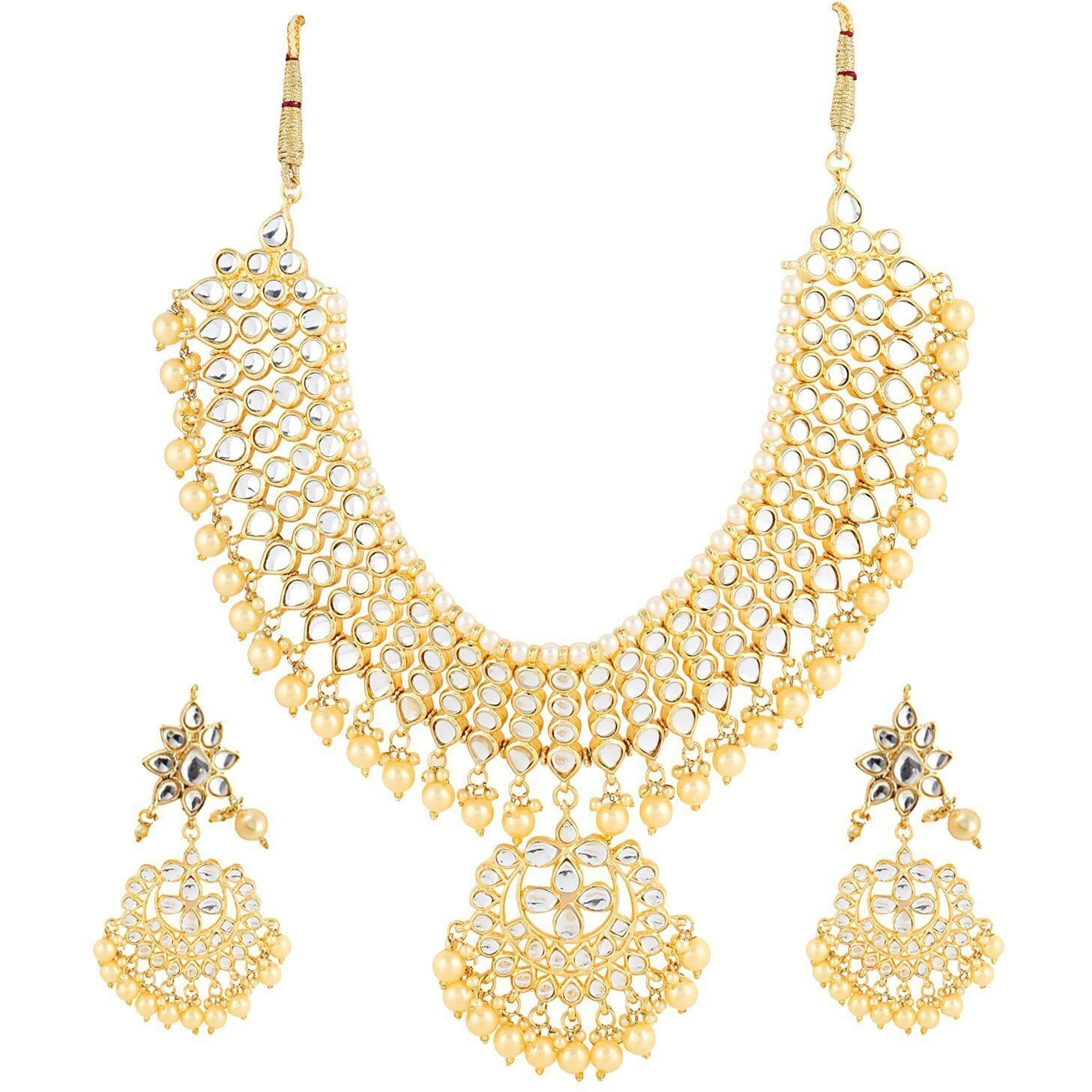 Shining Diva Gold Plated Kundan Pearl Traditional Necklace Set with Earrings for Women and Girls (White)(9609s)