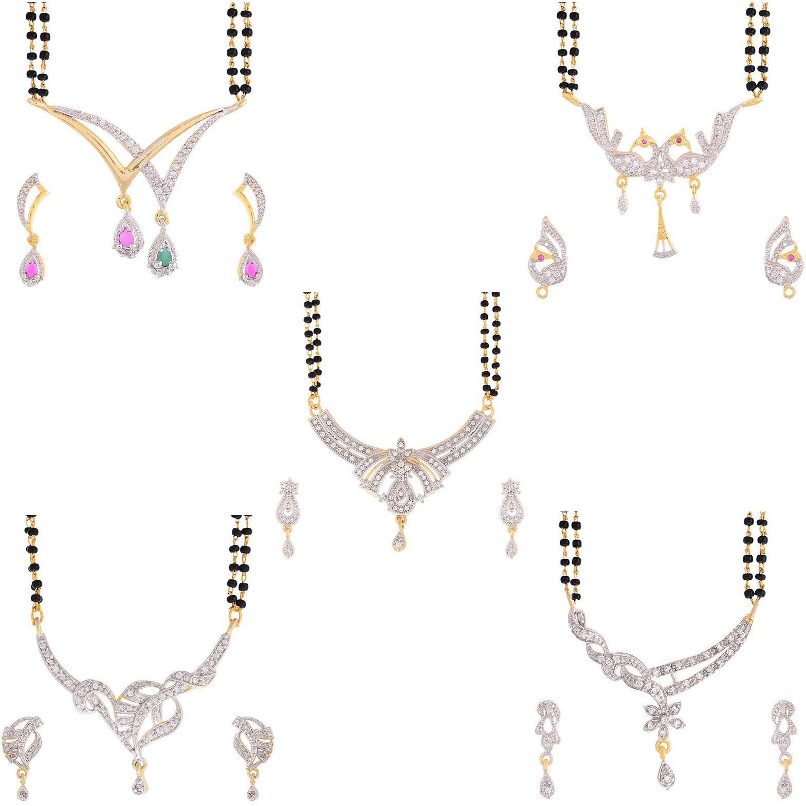 ZENEME White American Diamond Combo Of 4 Mangalsutra With Earrings Set For Women (Design-12)