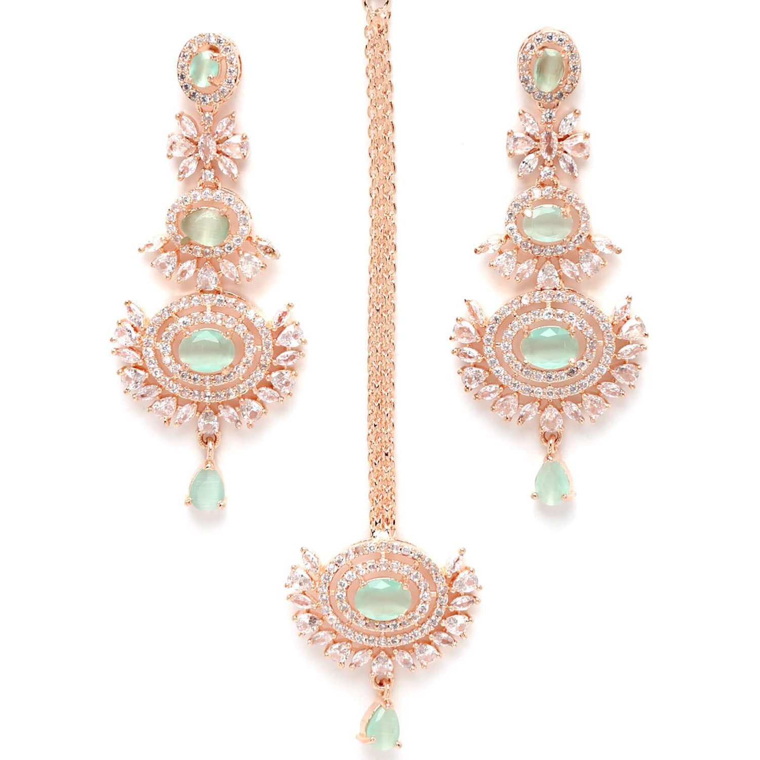 ZENEME Rose Gold Plated American Diamond Studded Maang Tikka & Earrings Jewellery Set For Woment and Girl (Sea Green)