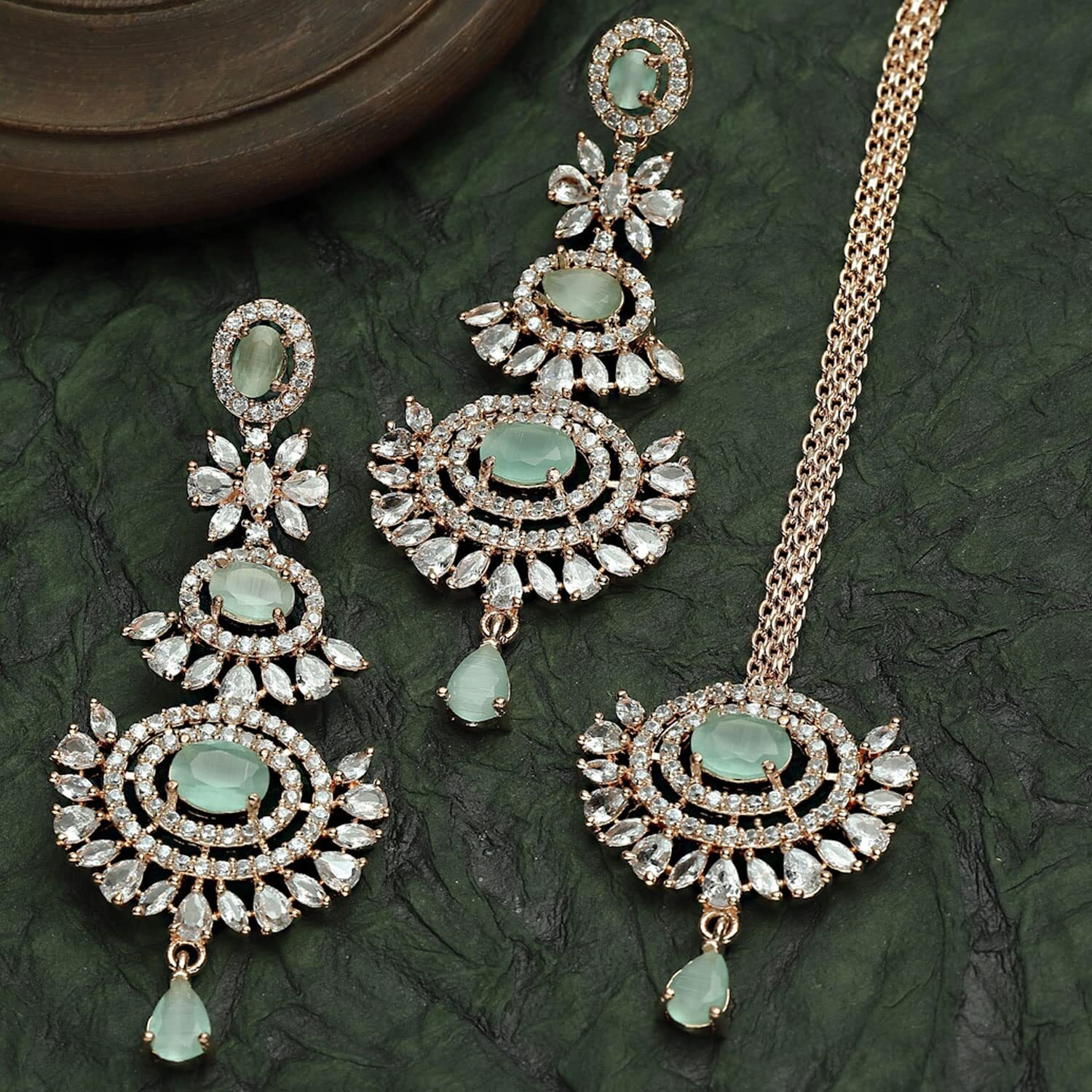ZENEME Rose Gold Plated American Diamond Studded Maang Tikka & Earrings Jewellery Set For Woment and Girl (Sea Green)