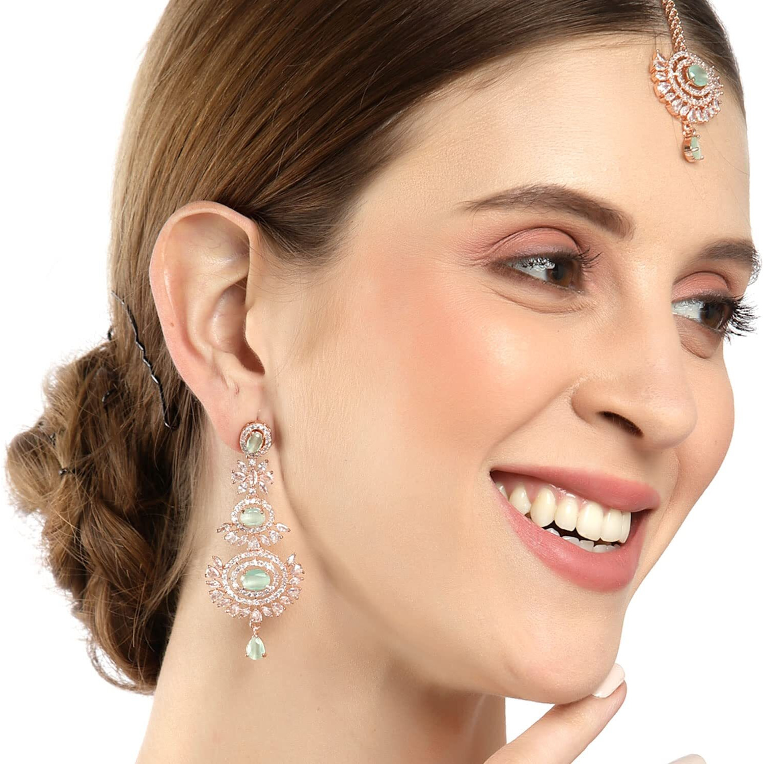 ZENEME Rose Gold Plated American Diamond Studded Maang Tikka & Earrings Jewellery Set For Woment and Girl (Sea Green)
