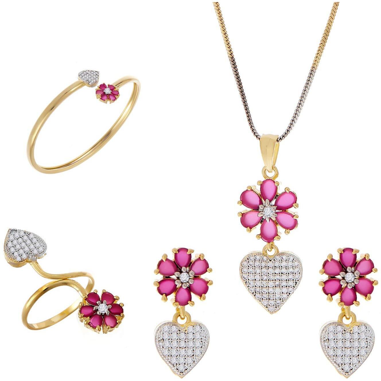 ZENEME Jewellery Set Gold Plated Heart Shaped Red Colored American Diamond Pendant With Earrings Bracelet Ring Jewellery For Women and Girl