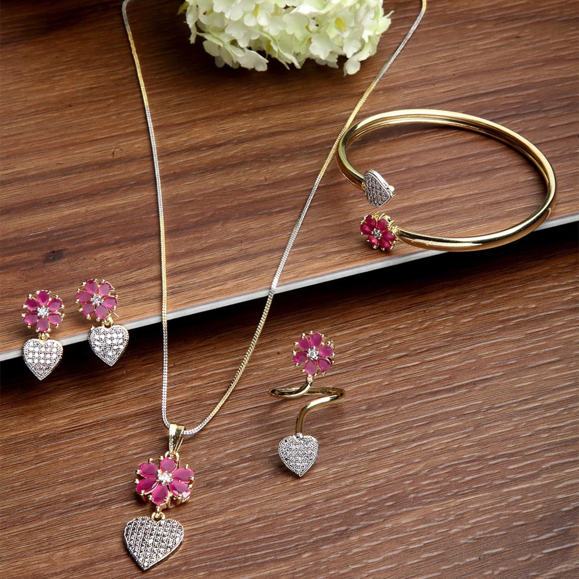 ZENEME Jewellery Set Gold Plated Heart Shaped Red Colored American Diamond Pendant With Earrings Bracelet Ring Jewellery For Women and Girl