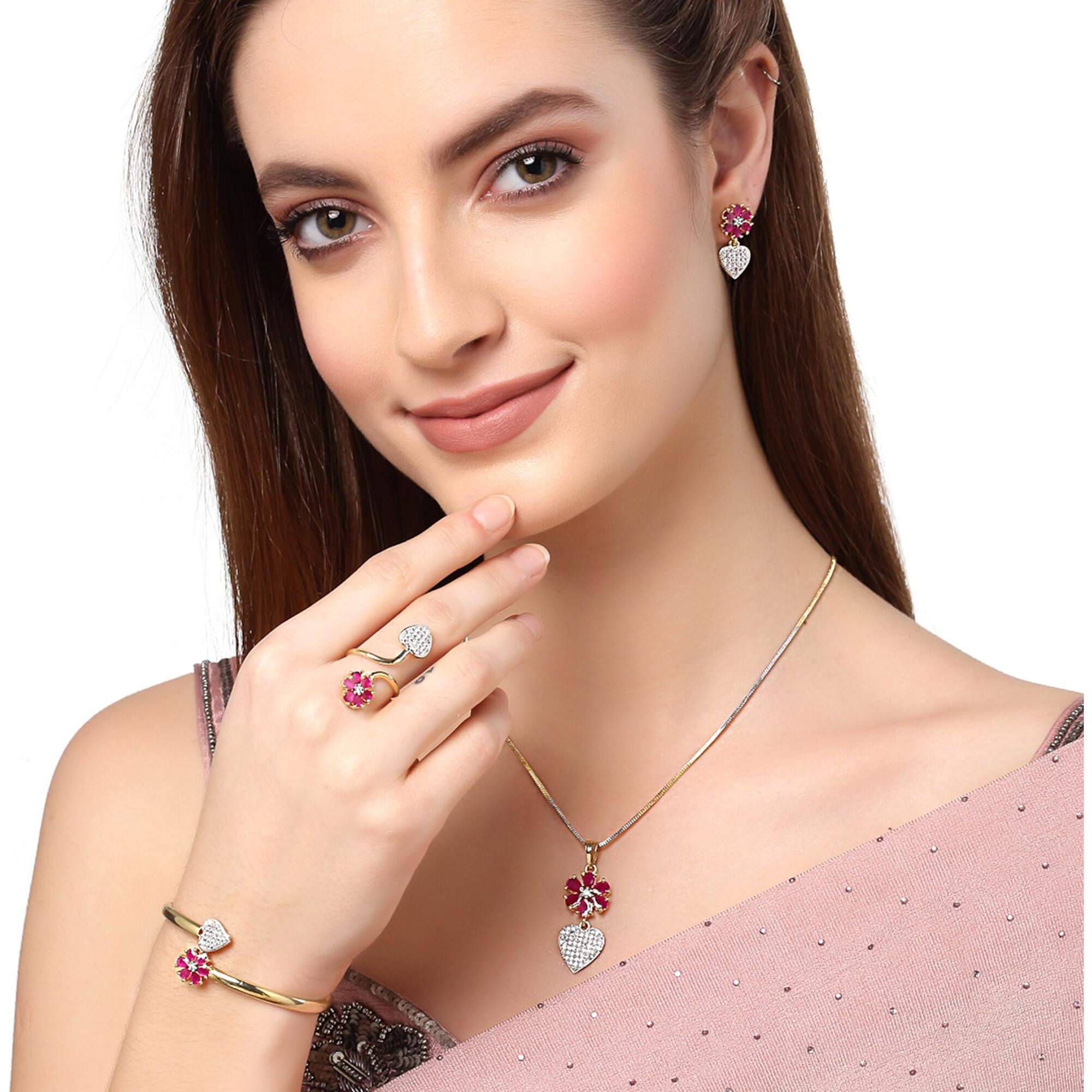 ZENEME Jewellery Set Gold Plated Heart Shaped Red Colored American Diamond Pendant With Earrings Bracelet Ring Jewellery For Women and Girl