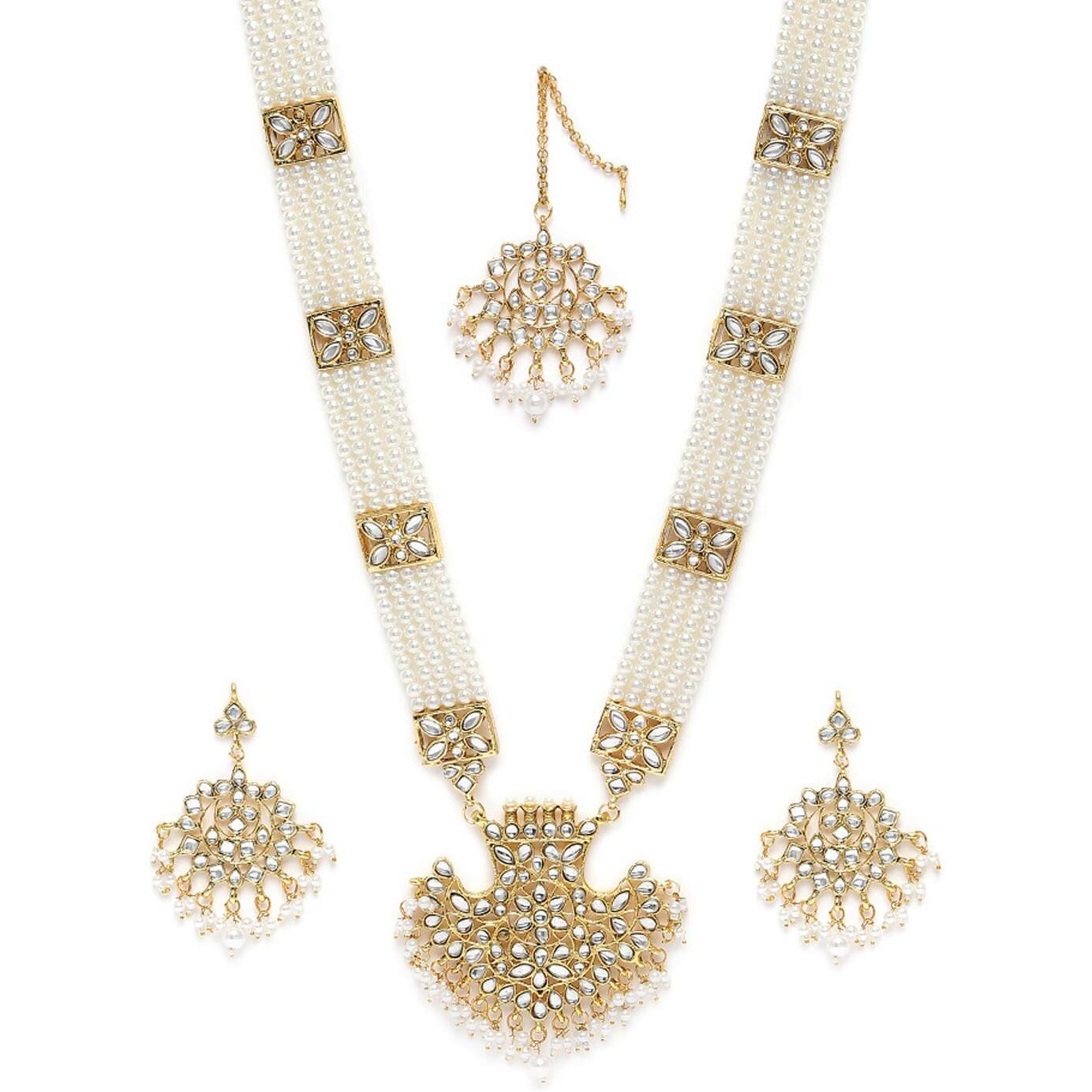 ZAVERI PEARLS Antique Gold Tone Long Kundan & Pearls Bridal Necklace, Earring & Maangtikka Set For Women-ZPFK9802