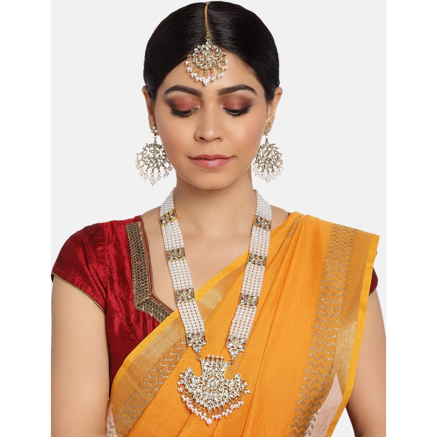 ZAVERI PEARLS Antique Gold Tone Long Kundan & Pearls Bridal Necklace, Earring & Maangtikka Set For Women-ZPFK9802