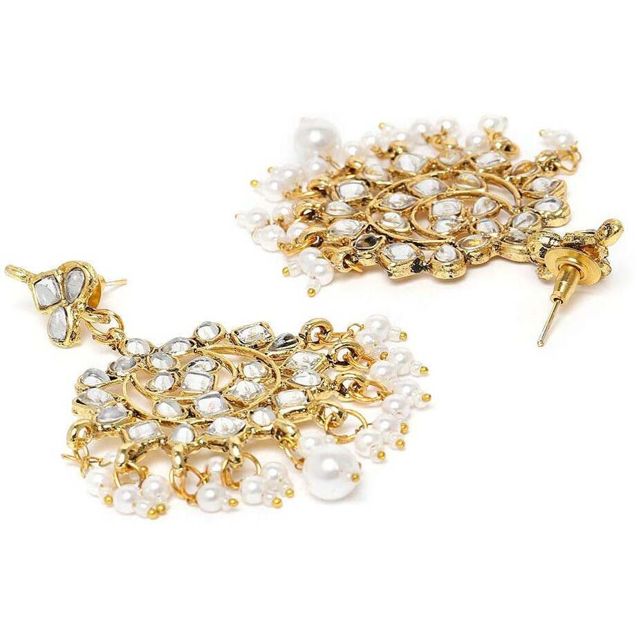 ZAVERI PEARLS Antique Gold Tone Long Kundan & Pearls Bridal Necklace, Earring & Maangtikka Set For Women-ZPFK9802
