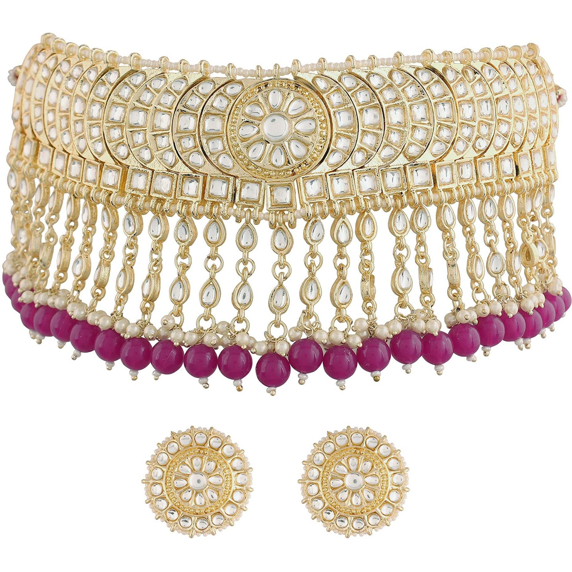 I Jewels Gold Plated Traditional Kundan & Pearl Studded Bridal Choker Necklace With Round Earrings Jewellery Set For Women (K7210Pu)