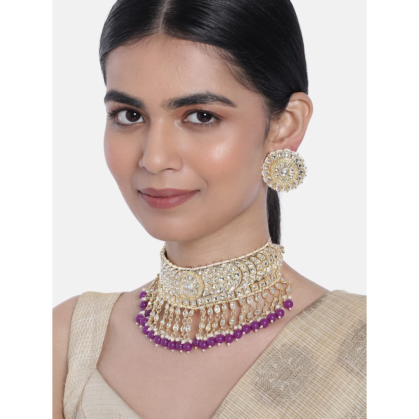 I Jewels Gold Plated Traditional Kundan & Pearl Studded Bridal Choker Necklace With Round Earrings Jewellery Set For Women (K7210Pu)