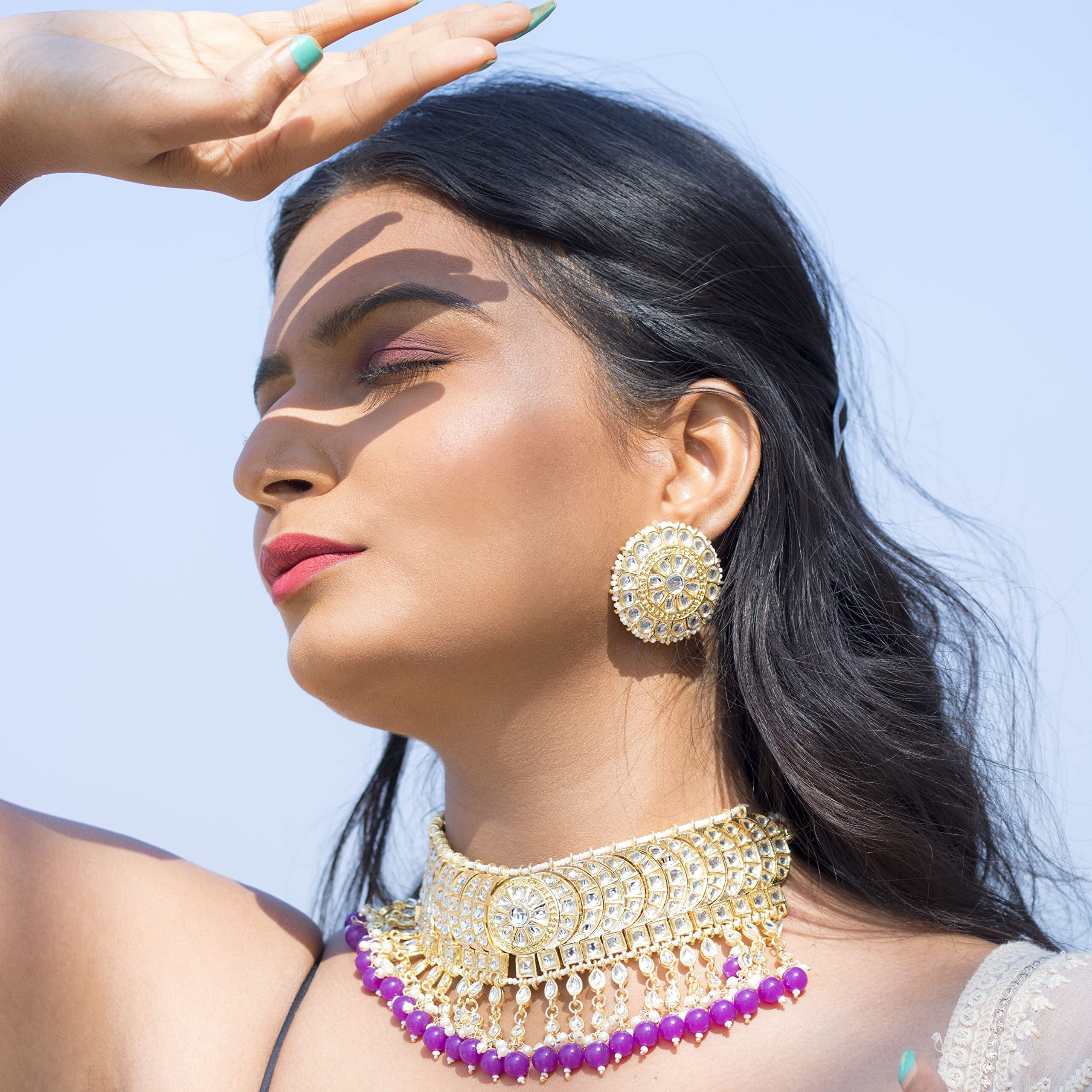I Jewels Gold Plated Traditional Kundan & Pearl Studded Bridal Choker Necklace With Round Earrings Jewellery Set For Women (K7210Pu)