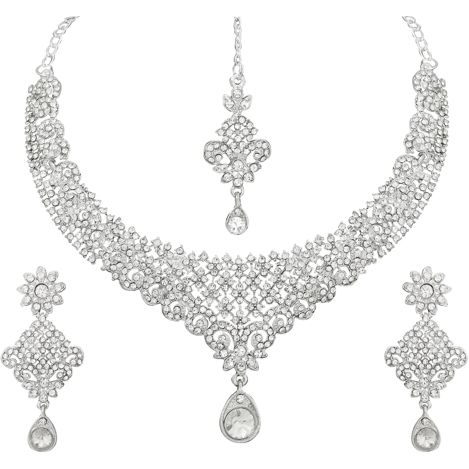 Atasi International Gold Plated Necklace with Earrings and Maang Tikka for Women - Jewellery Set for Party, Wedding, Engagement (Silver) (R1960)