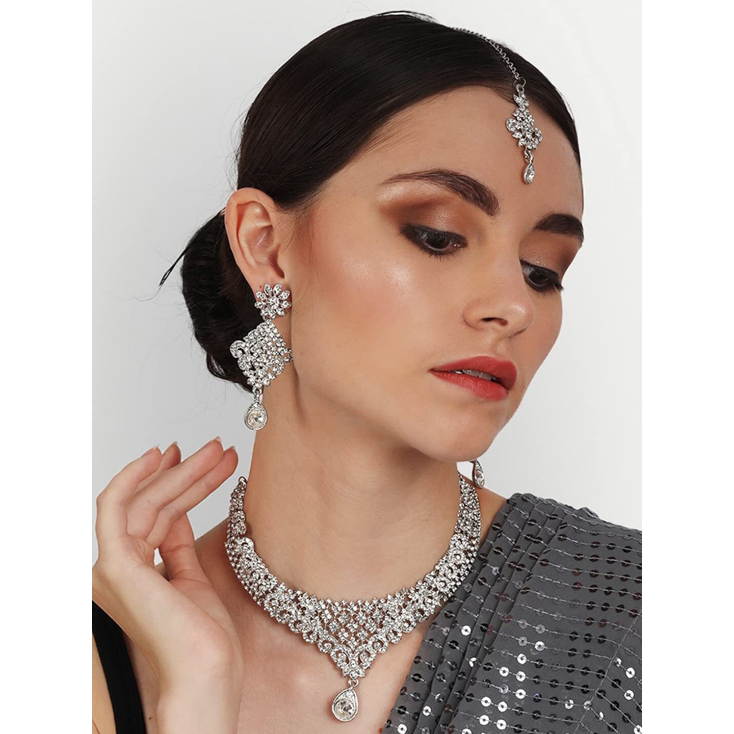 Atasi International Gold Plated Necklace with Earrings and Maang Tikka for Women - Jewellery Set for Party, Wedding, Engagement (Silver) (R1960)