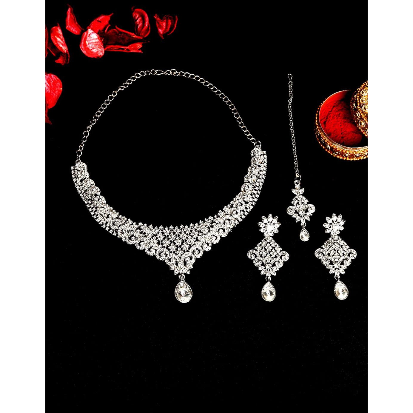 Atasi International Gold Plated Necklace with Earrings and Maang Tikka for Women - Jewellery Set for Party, Wedding, Engagement (Silver) (R1960)