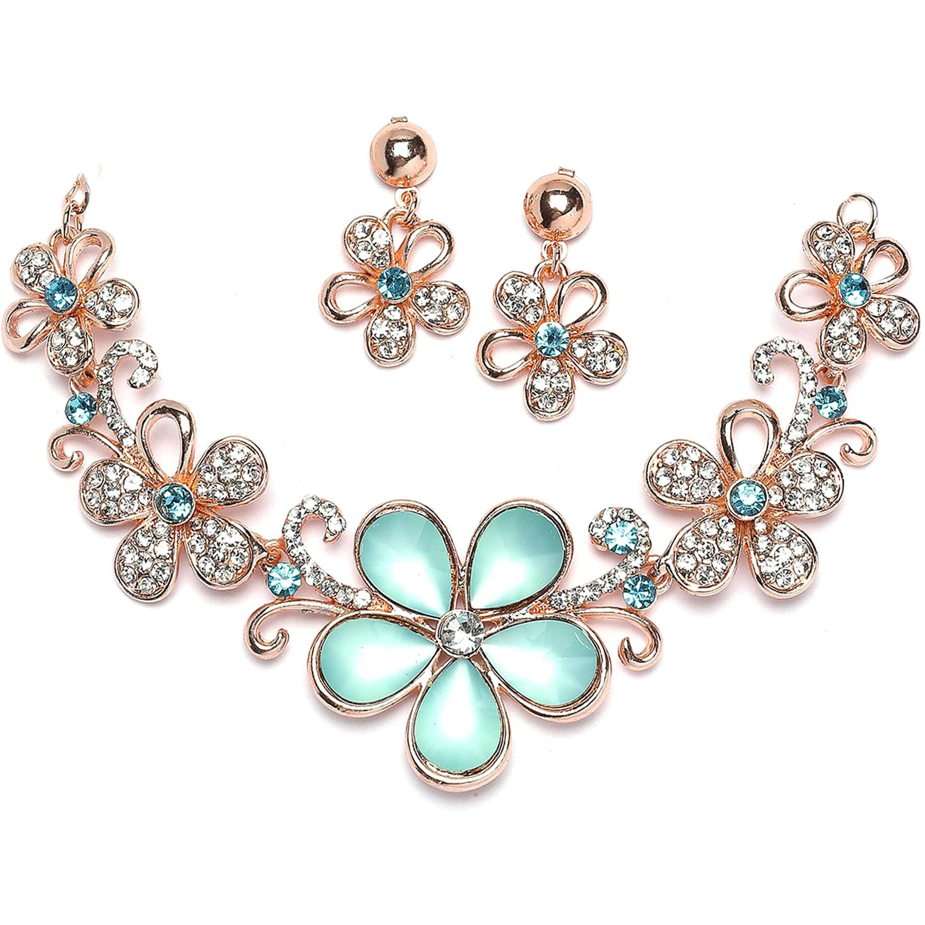 ZENEME Rose Gold-Plated American Diamonds Studded Floweret Necklace With Earrings Jewellery Set For Girls and Women (Sea Green)