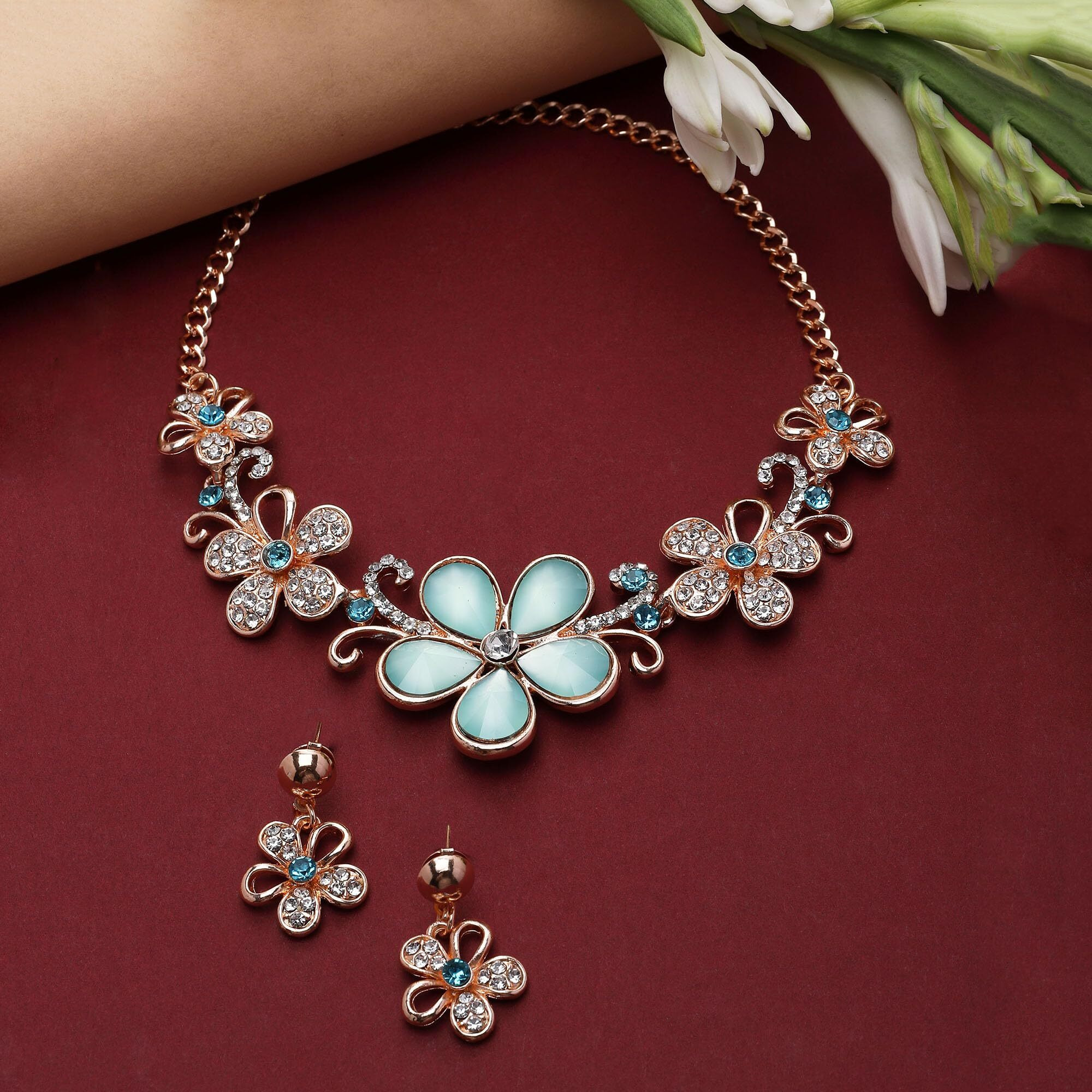 ZENEME Rose Gold-Plated American Diamonds Studded Floweret Necklace With Earrings Jewellery Set For Girls and Women (Sea Green)