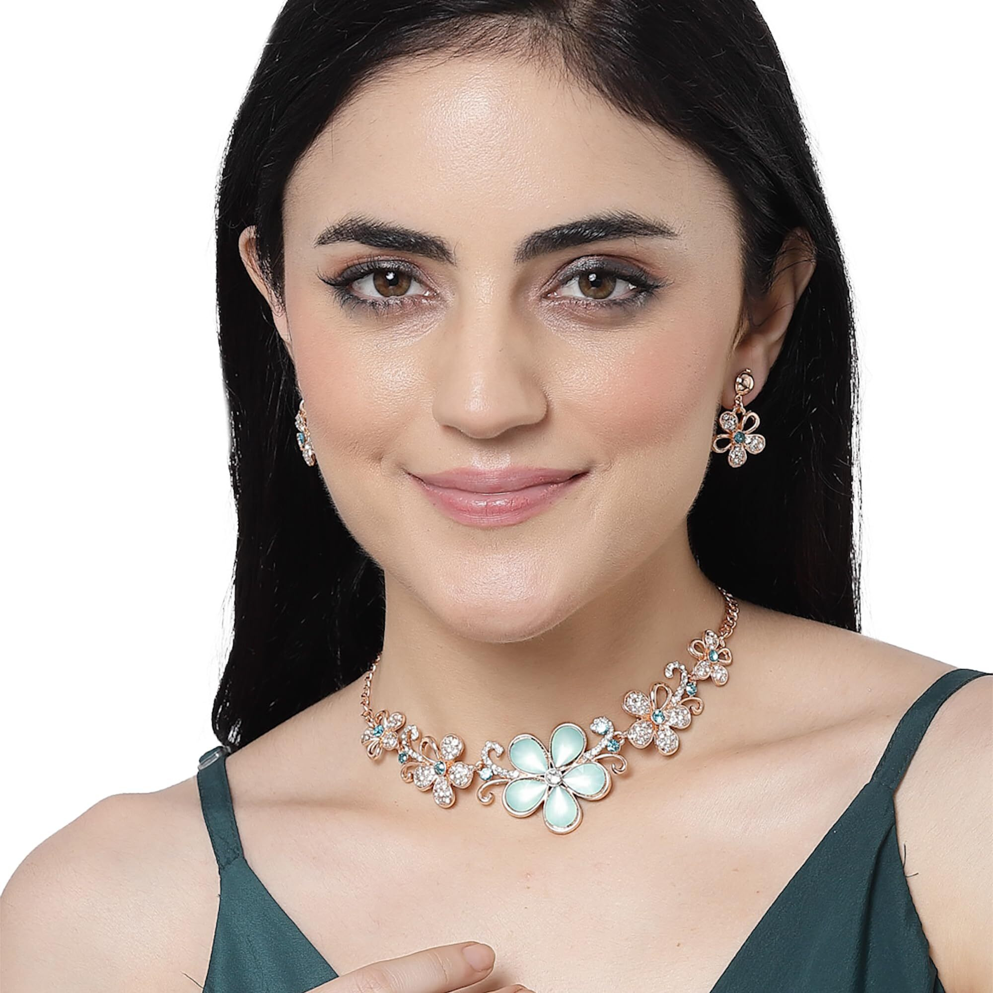 ZENEME Rose Gold-Plated American Diamonds Studded Floweret Necklace With Earrings Jewellery Set For Girls and Women (Sea Green)