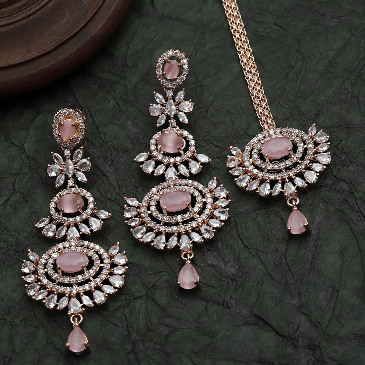 ZENEME Rose Gold Plated American Diamond Studded Maang Tikka & Earrings Jewellery Set For Woment and Girl (Pink)