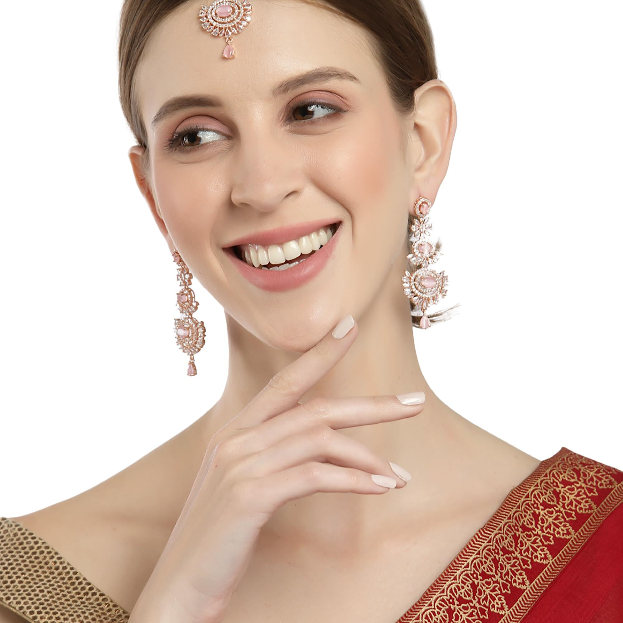 ZENEME Rose Gold Plated American Diamond Studded Maang Tikka & Earrings Jewellery Set For Woment and Girl (Pink)