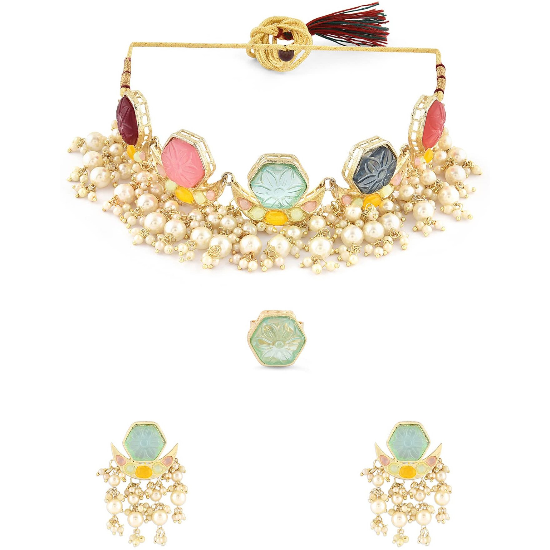ZAVERI PEARLS Multicolor Stones & Cluster Beads Drop Crescent Choker Necklace Earring & Ring Set For Women-ZPFK16081