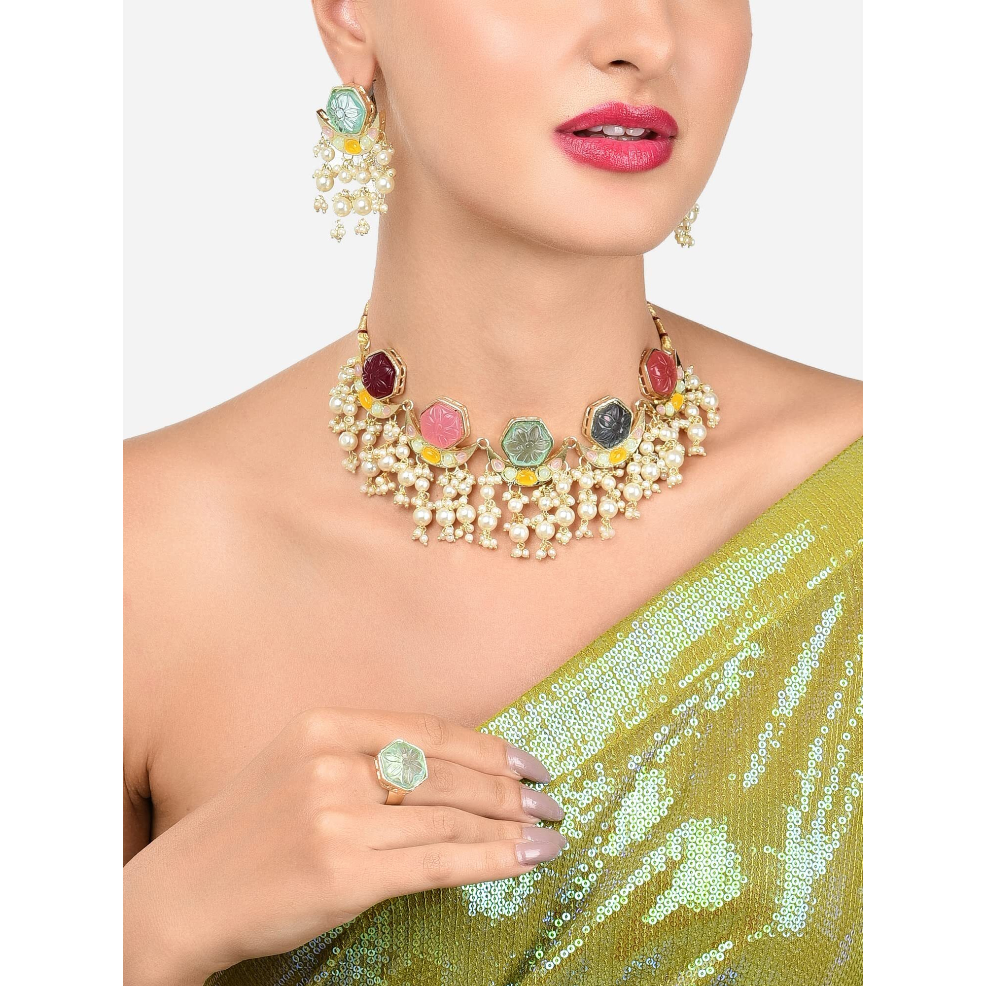 ZAVERI PEARLS Multicolor Stones & Cluster Beads Drop Crescent Choker Necklace Earring & Ring Set For Women-ZPFK16081