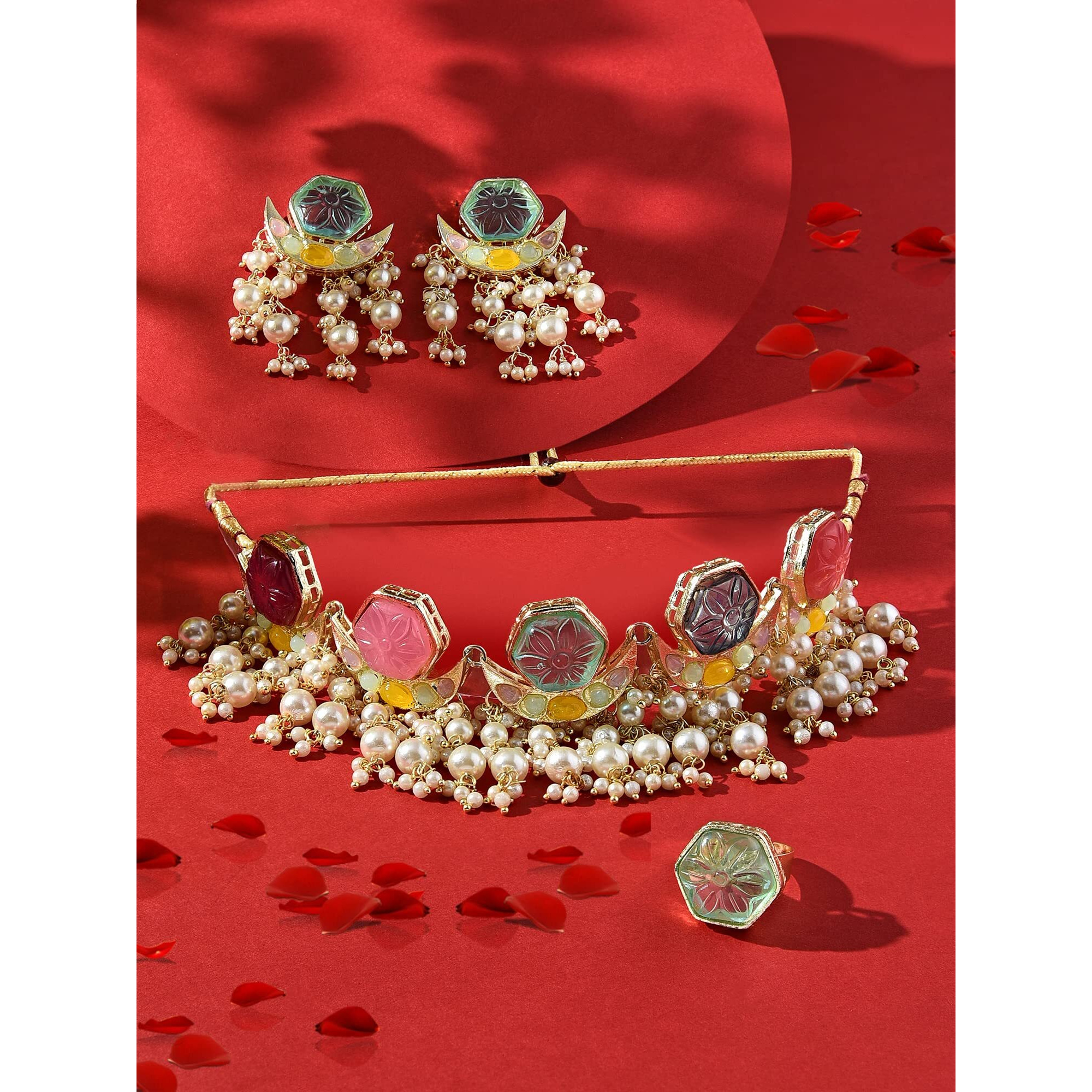 ZAVERI PEARLS Multicolor Stones & Cluster Beads Drop Crescent Choker Necklace Earring & Ring Set For Women-ZPFK16081