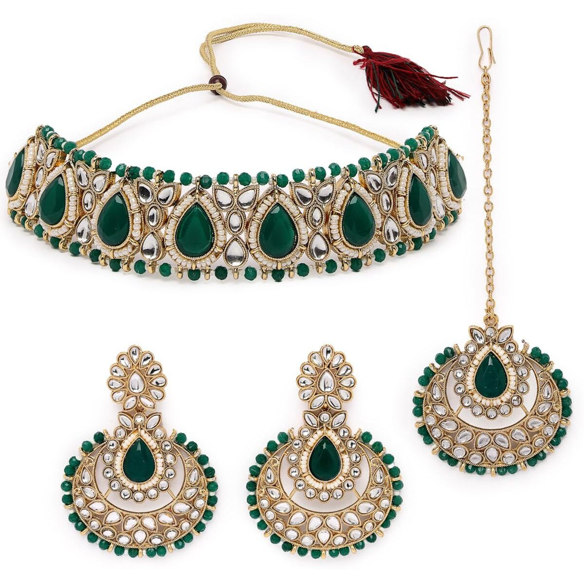 Sukkhi Incredible Drop Shaped Green Kundan & Beads Choker Necklace Set With Earring And Maangtika | Jewellery Set For Women (NS105631)