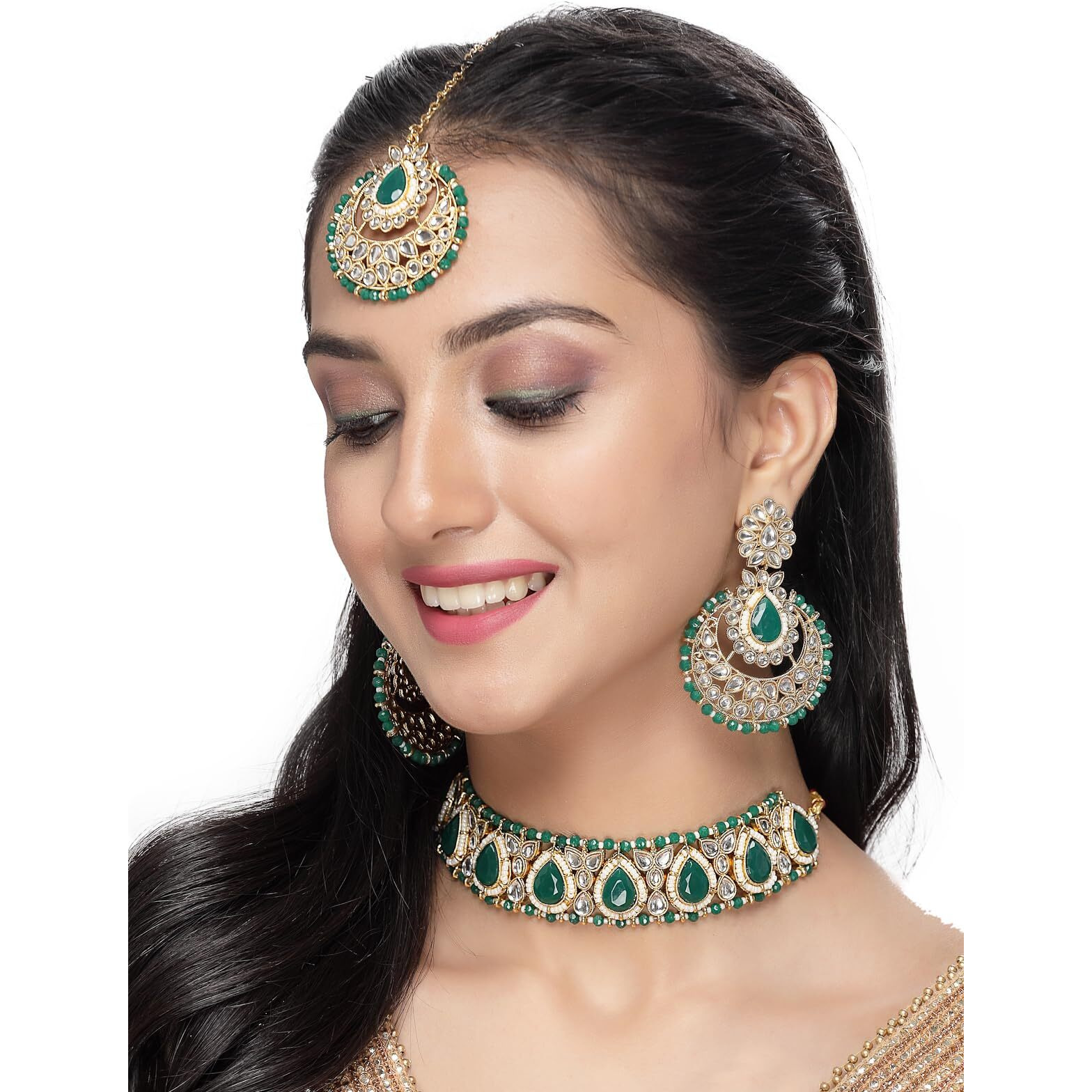 Sukkhi Incredible Drop Shaped Green Kundan & Beads Choker Necklace Set With Earring And Maangtika | Jewellery Set For Women (NS105631)