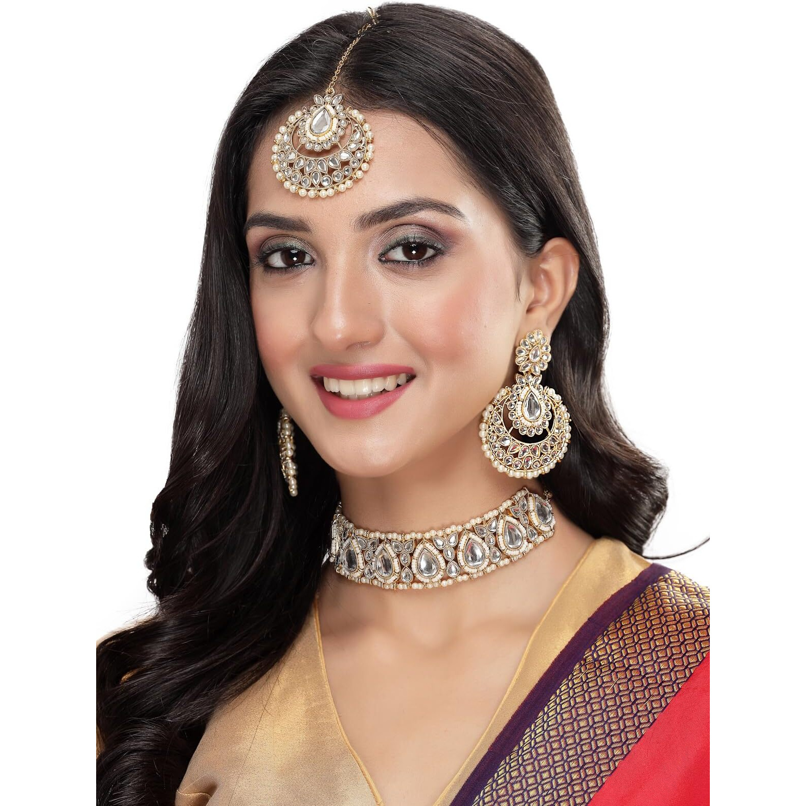 Sukkhi Incredible Drop Shaped White Kundan & Beads Choker Necklace Set With Earring And Maangtika | Jewellery Set For Women (NS105630)