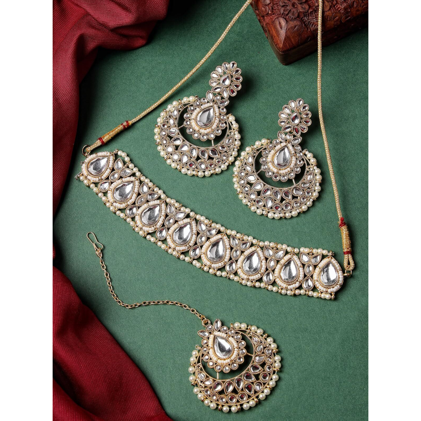 Sukkhi Incredible Drop Shaped White Kundan & Beads Choker Necklace Set With Earring And Maangtika | Jewellery Set For Women (NS105630)