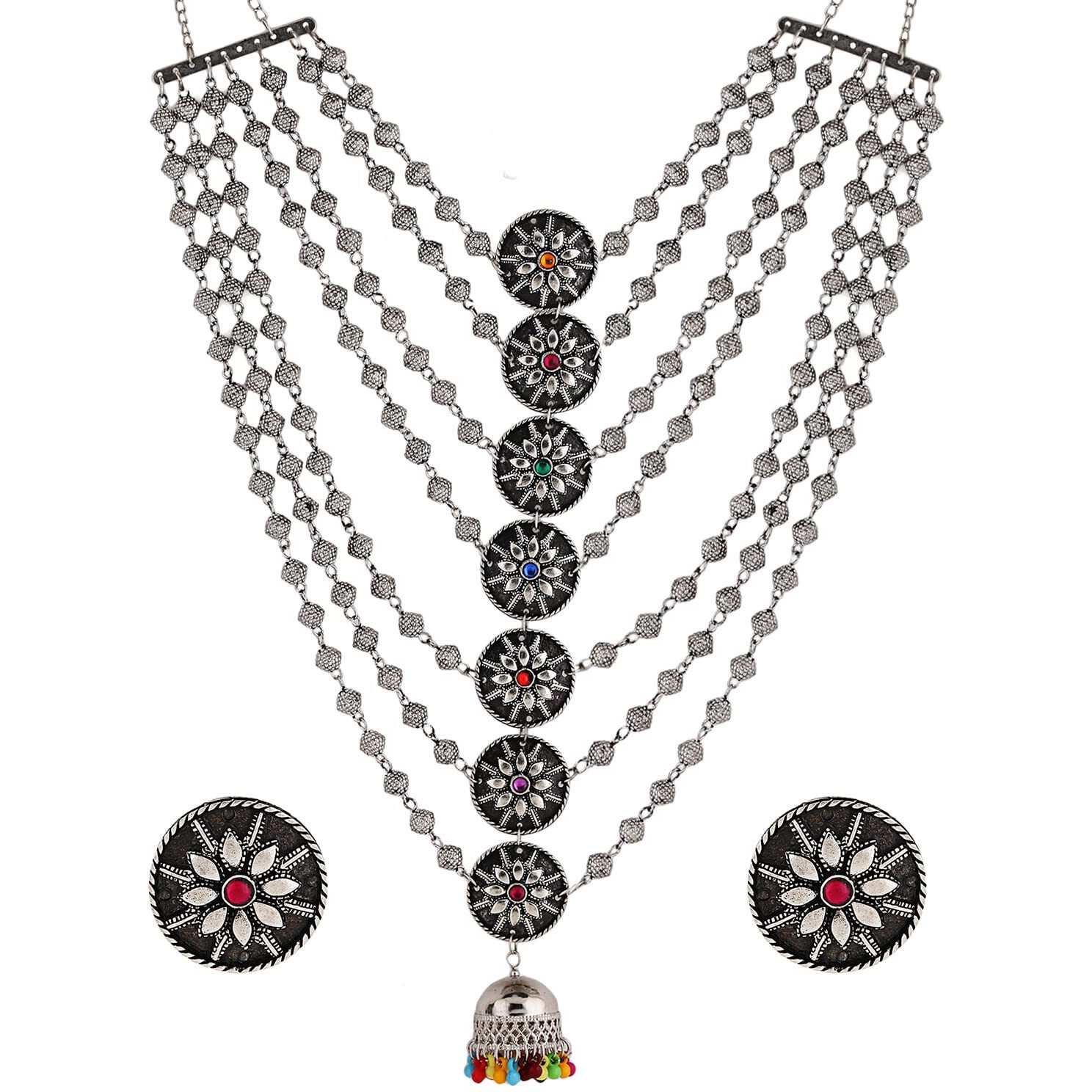 Shining Diva Fashion Latest Stylish Traditional Oxidised Silver Necklace Jewellery Set for Women (12391s)