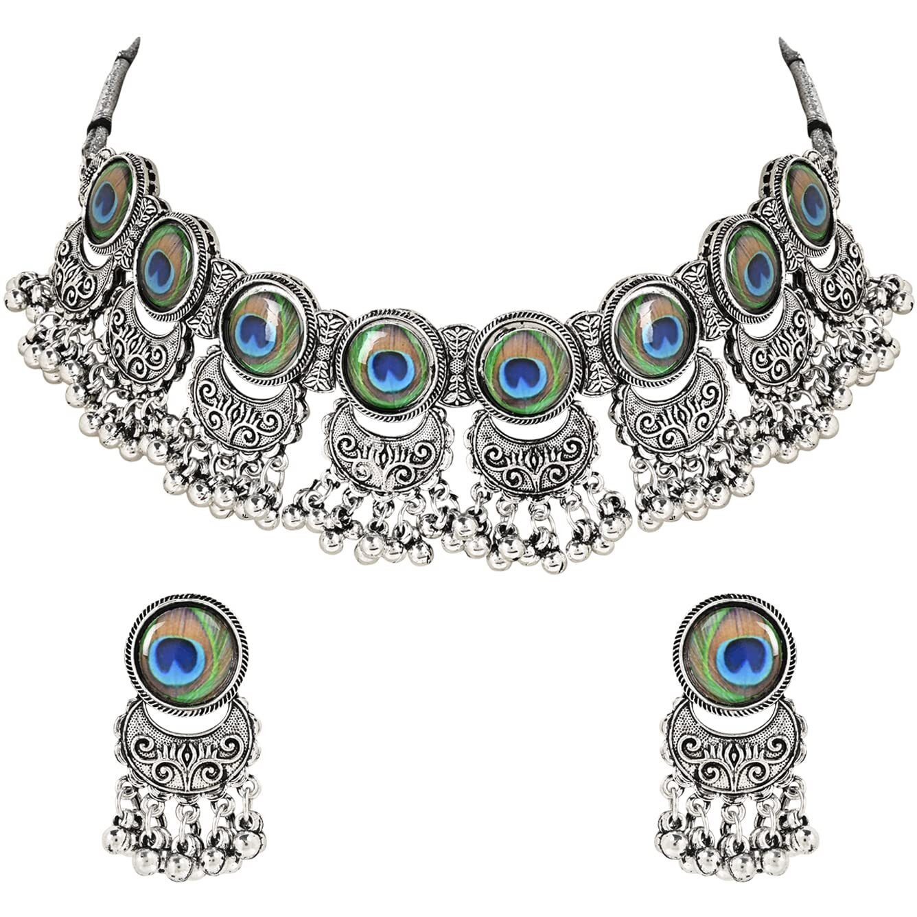 I Jewels Oxidised Silver Plated Afghani Choker Necklace Jewellery Set for Women (MC144OX)