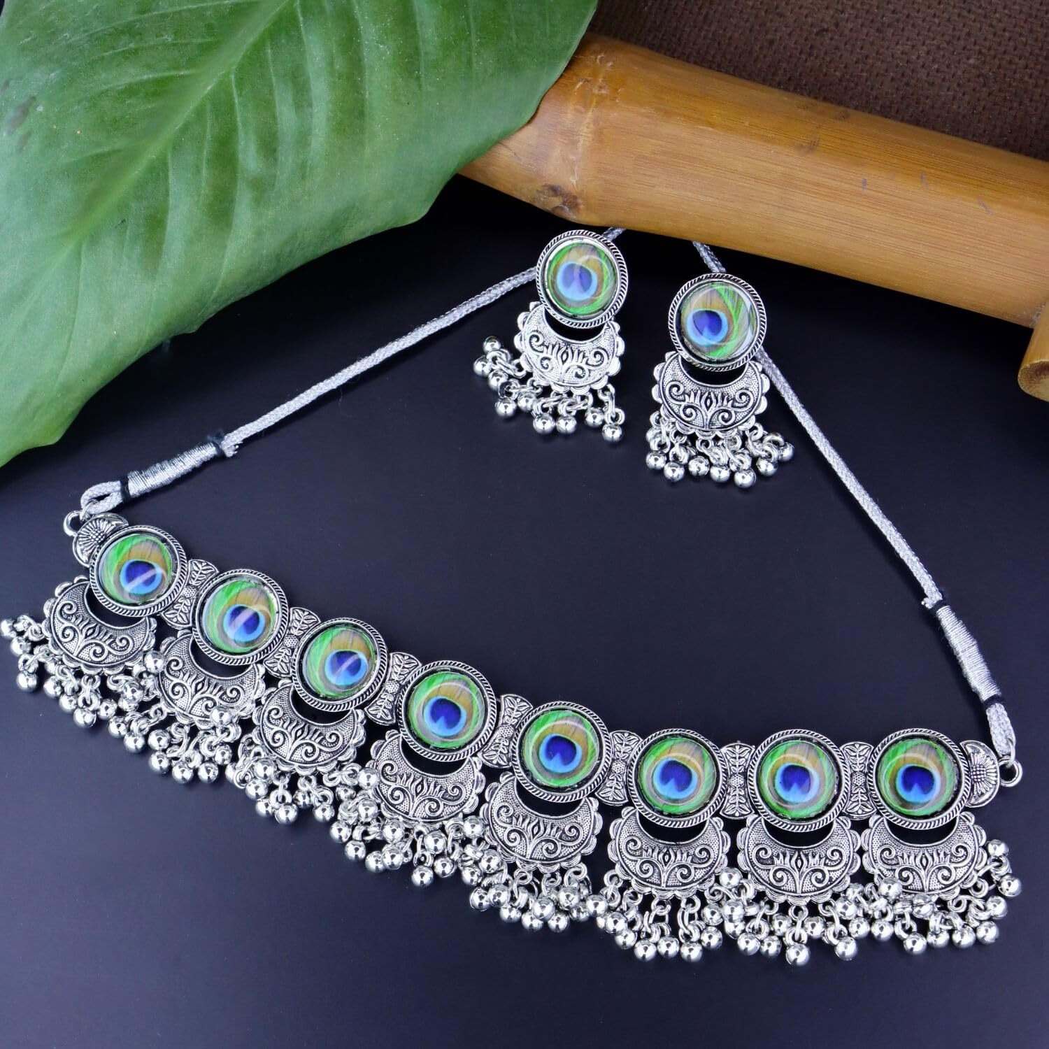 I Jewels Oxidised Silver Plated Afghani Choker Necklace Jewellery Set for Women (MC144OX)