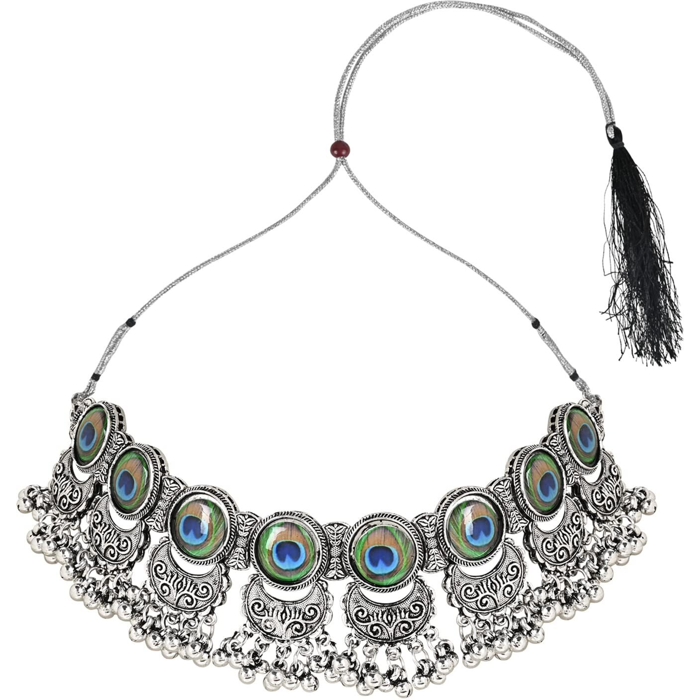 I Jewels Oxidised Silver Plated Afghani Choker Necklace Jewellery Set for Women (MC144OX)