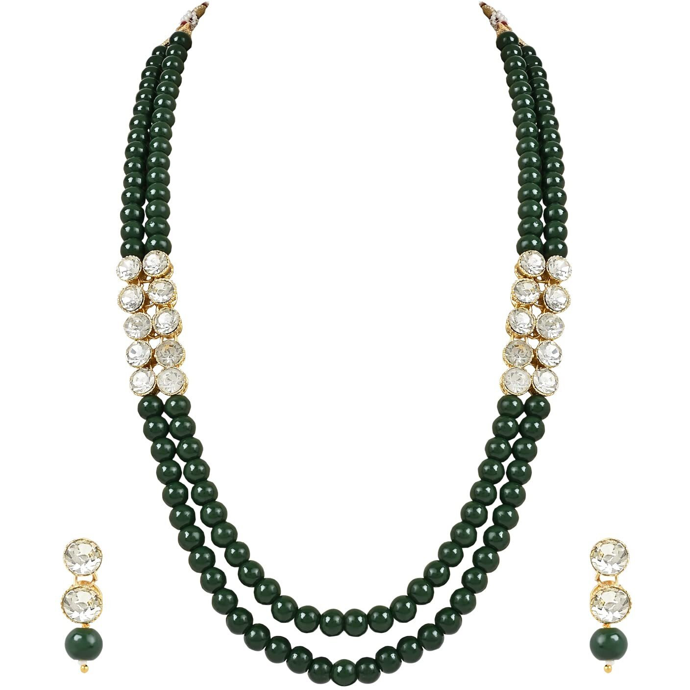 I Jewels 18K Gold Plated Traditional Stunning White Stone Studded Layered Pearl Necklace Jewellery Set with Earrings For Women and Girls (IJ365G)
