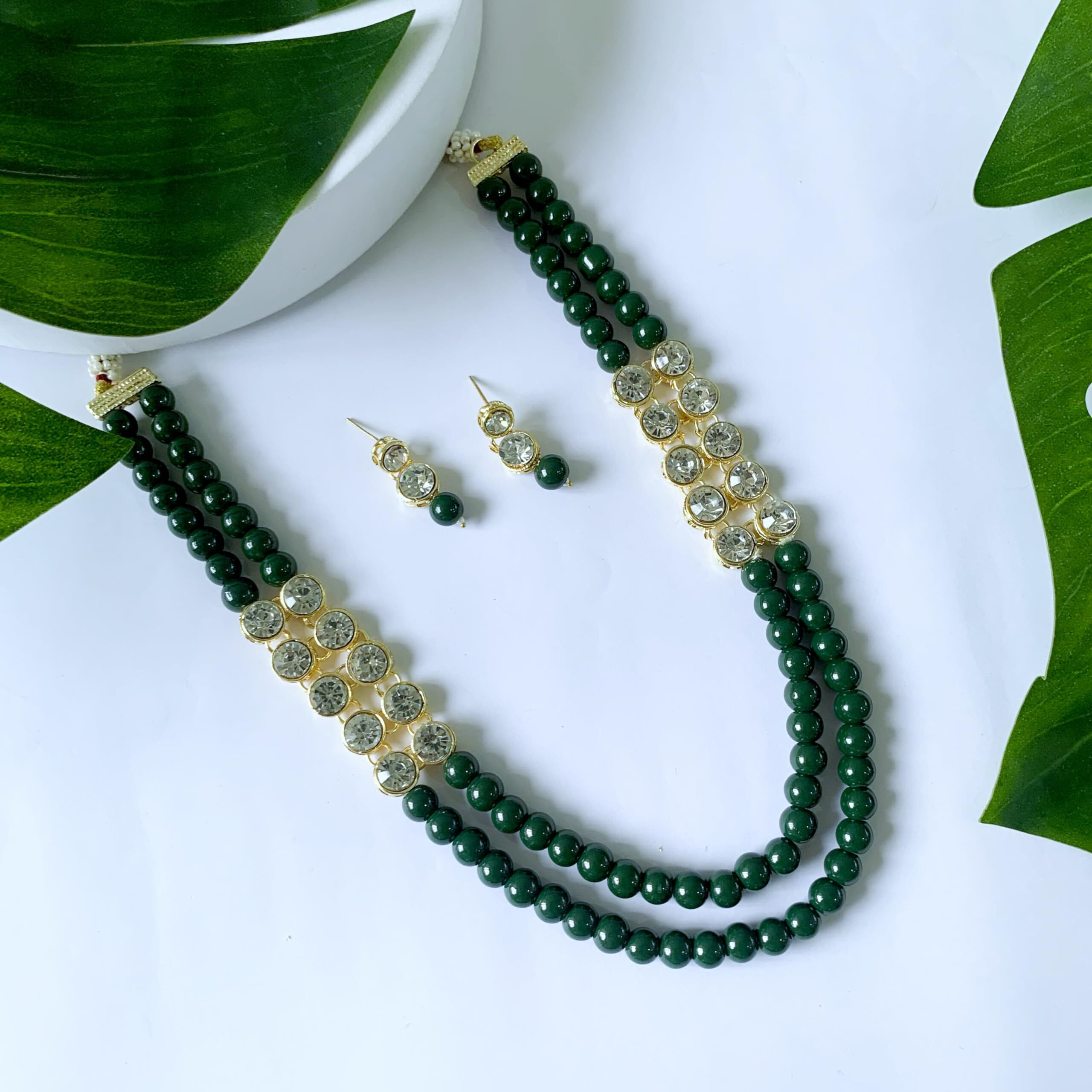 I Jewels 18K Gold Plated Traditional Stunning White Stone Studded Layered Pearl Necklace Jewellery Set with Earrings For Women and Girls (IJ365G)