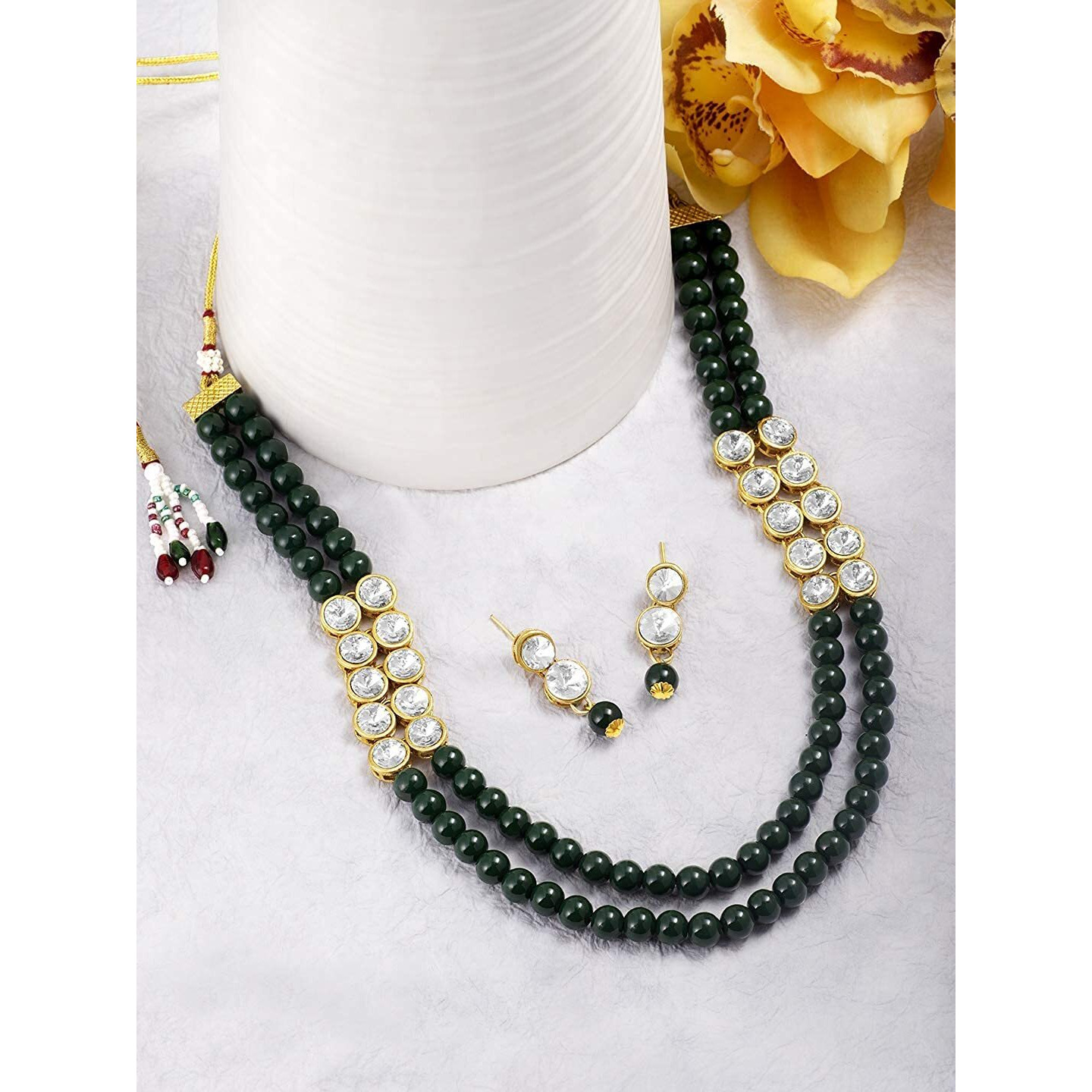 I Jewels 18K Gold Plated Traditional Stunning White Stone Studded Layered Pearl Necklace Jewellery Set with Earrings For Women and Girls (IJ365G)