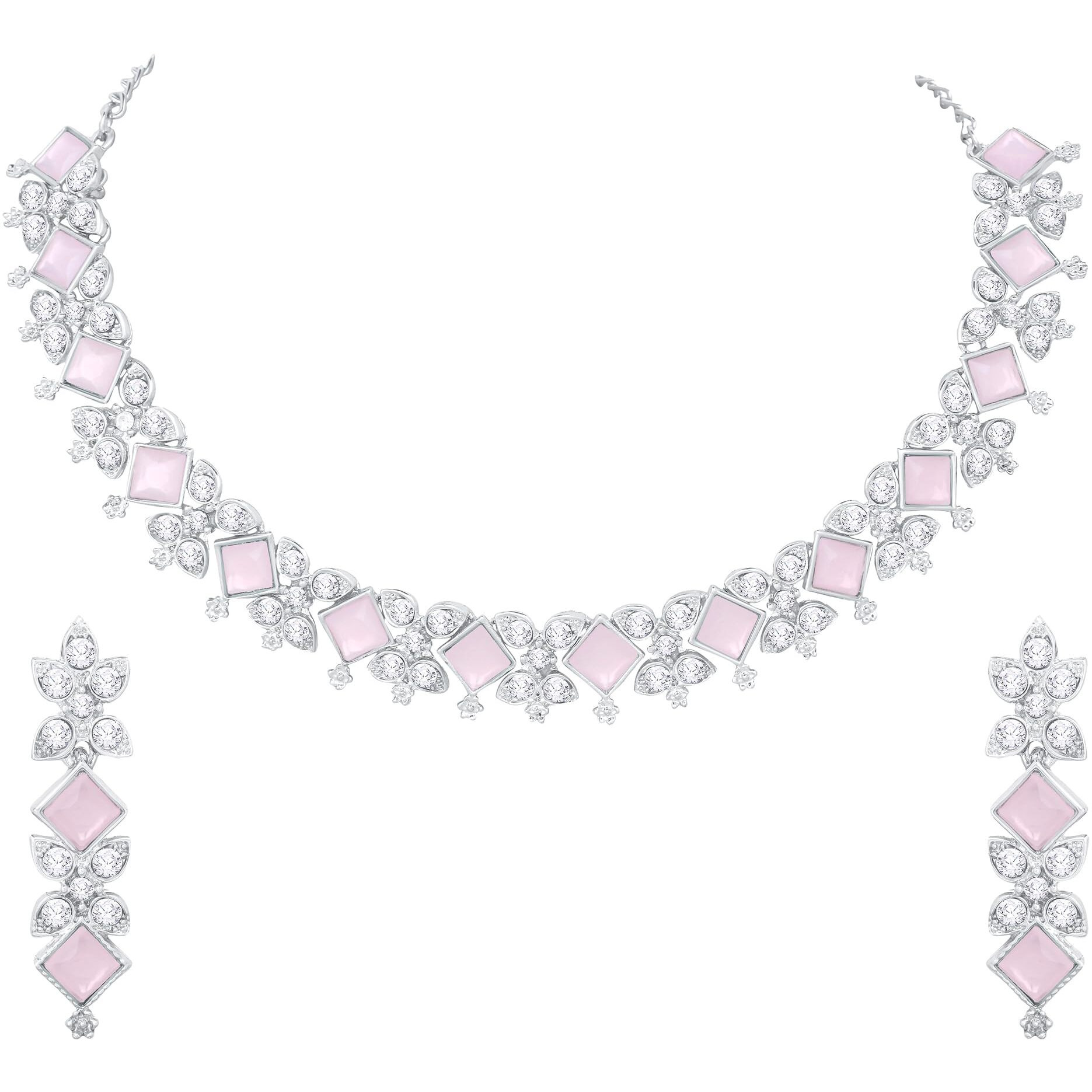 Atasi International Silver Plated Mint Pink Crystal Necklace Jewellery Set with Earrings For Women & Girls for Party, Wedding, Festive (RMP5781)