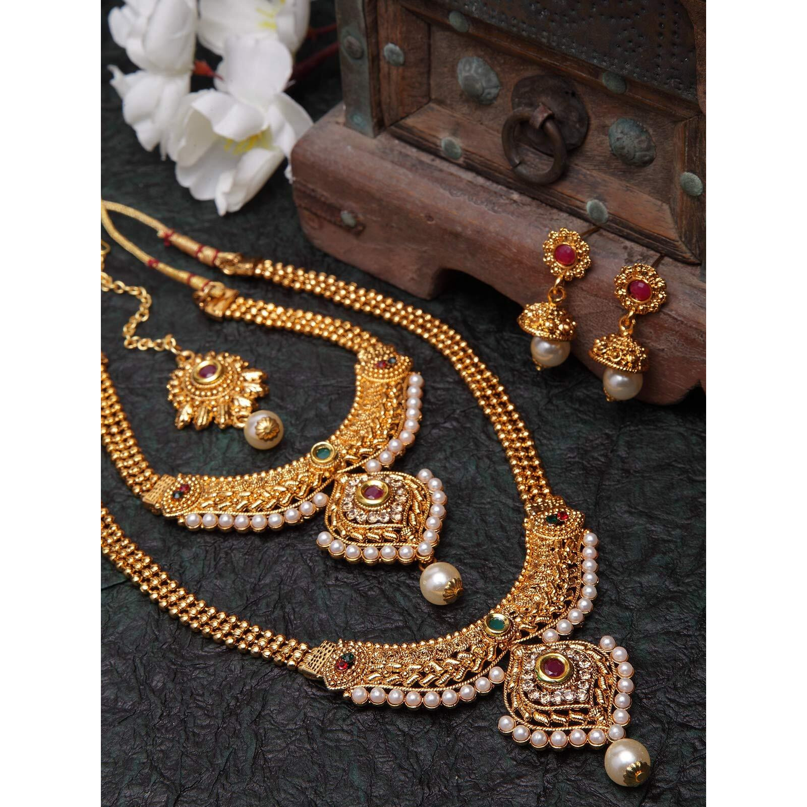 Shining Diva Fashion Latest Combo Design Necklace Set for Women Traditional Gold Plated Jewellery Set for Women (Golden) (10644s)