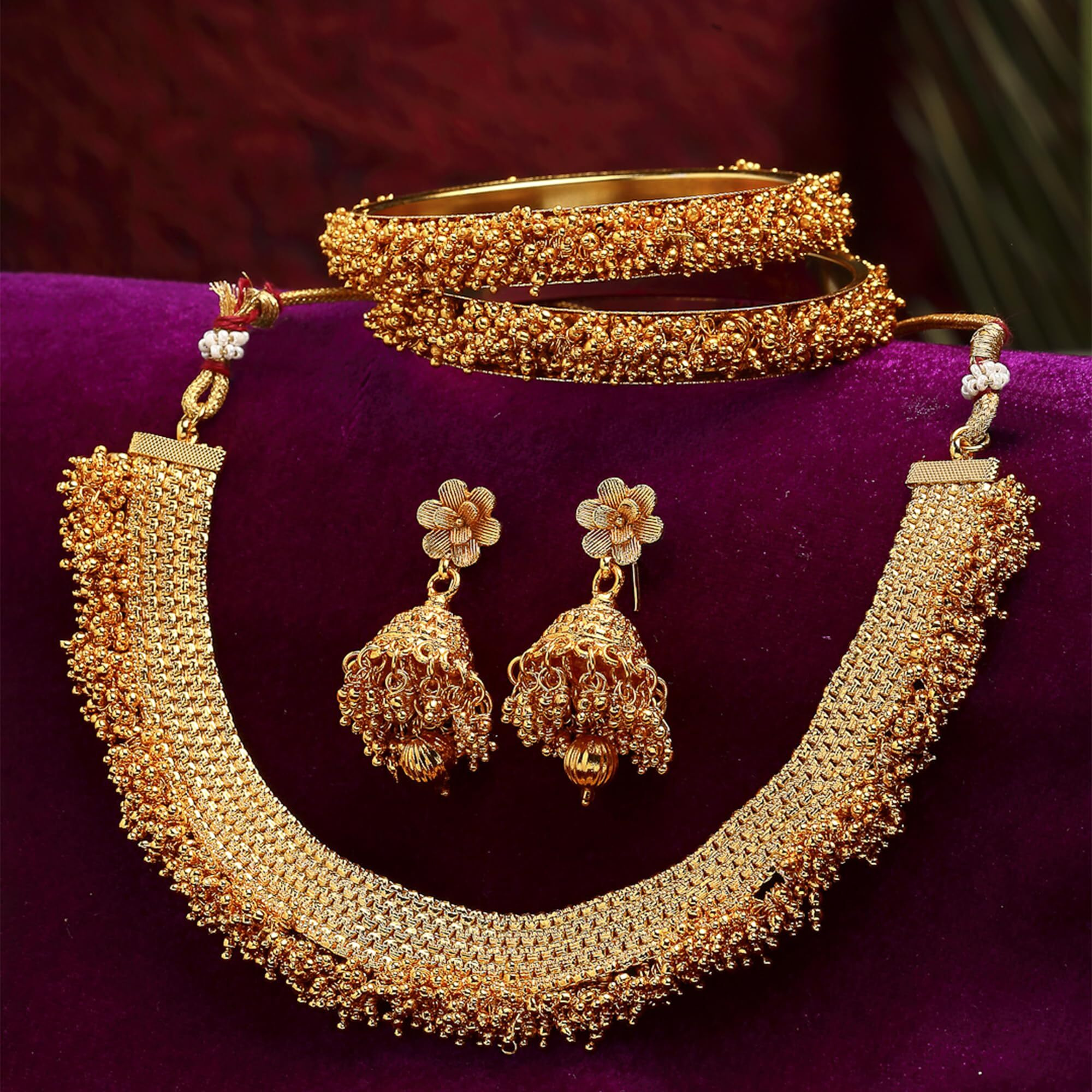 ZENEME Jewellery Set Gold Plated Pearl Wedding Bridal Necklace Jewellery With Earrings and Bangle Combo for Girl and Women (2.4, Gold) (Gold, 2.8)