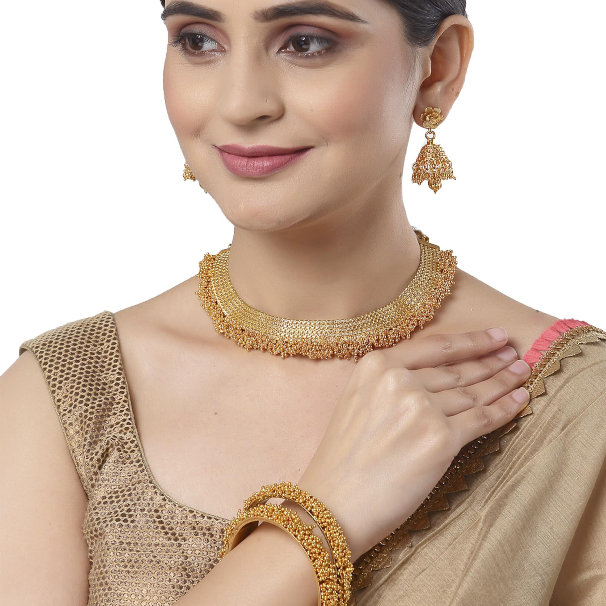 ZENEME Jewellery Set Gold Plated Pearl Wedding Bridal Necklace Jewellery With Earrings and Bangle Combo for Girl and Women (2.4, Gold) (Gold, 2.8)