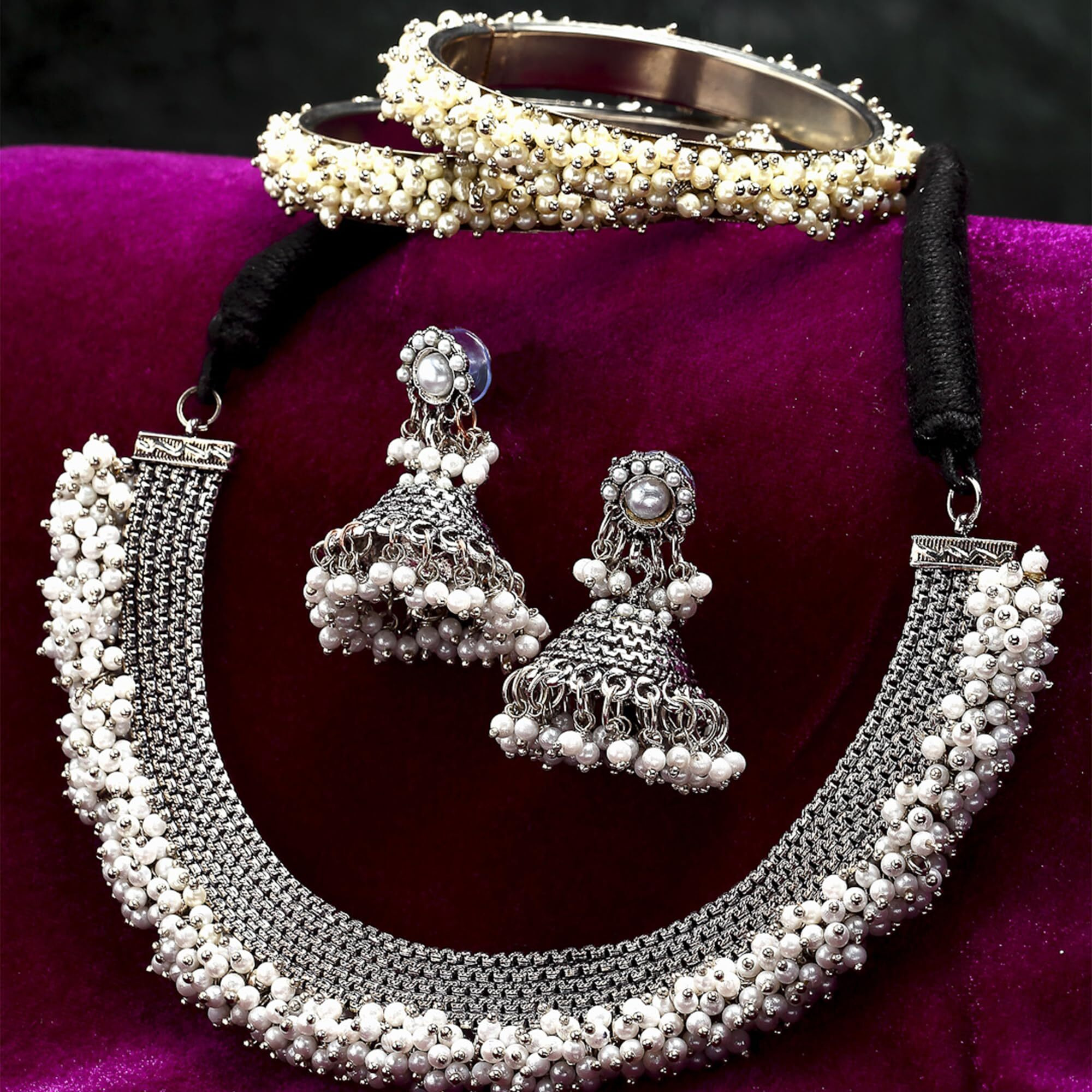 ZENEME Jewellery Set Gold Plated Pearl Wedding Bridal Necklace Jewellery With Earrings and Bangle Combo for Girl and Women (2.4, Gold) (Silver, 2.4)