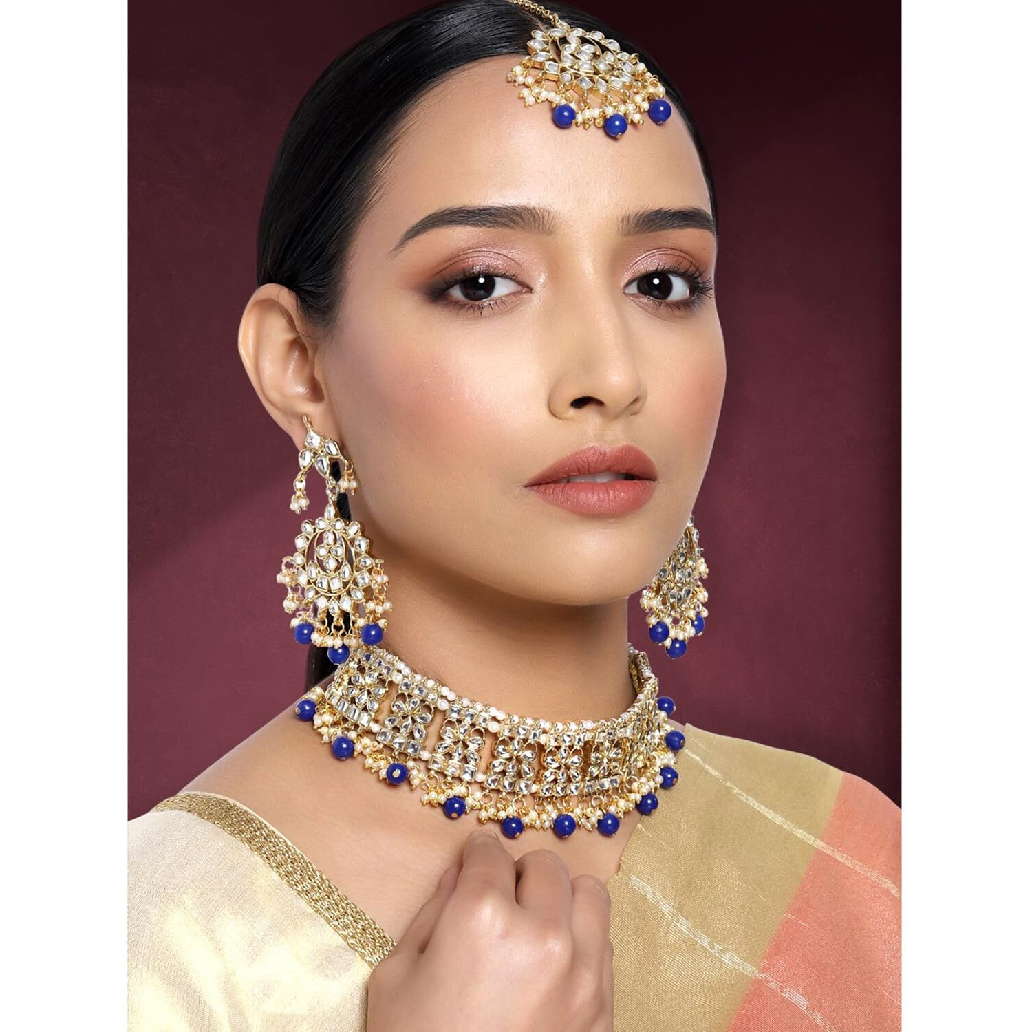 Peora Ethnic Indian Traditional Gold Plated Kundan Necklace Earring Maang Tikka Jewellery Set for Women Girls