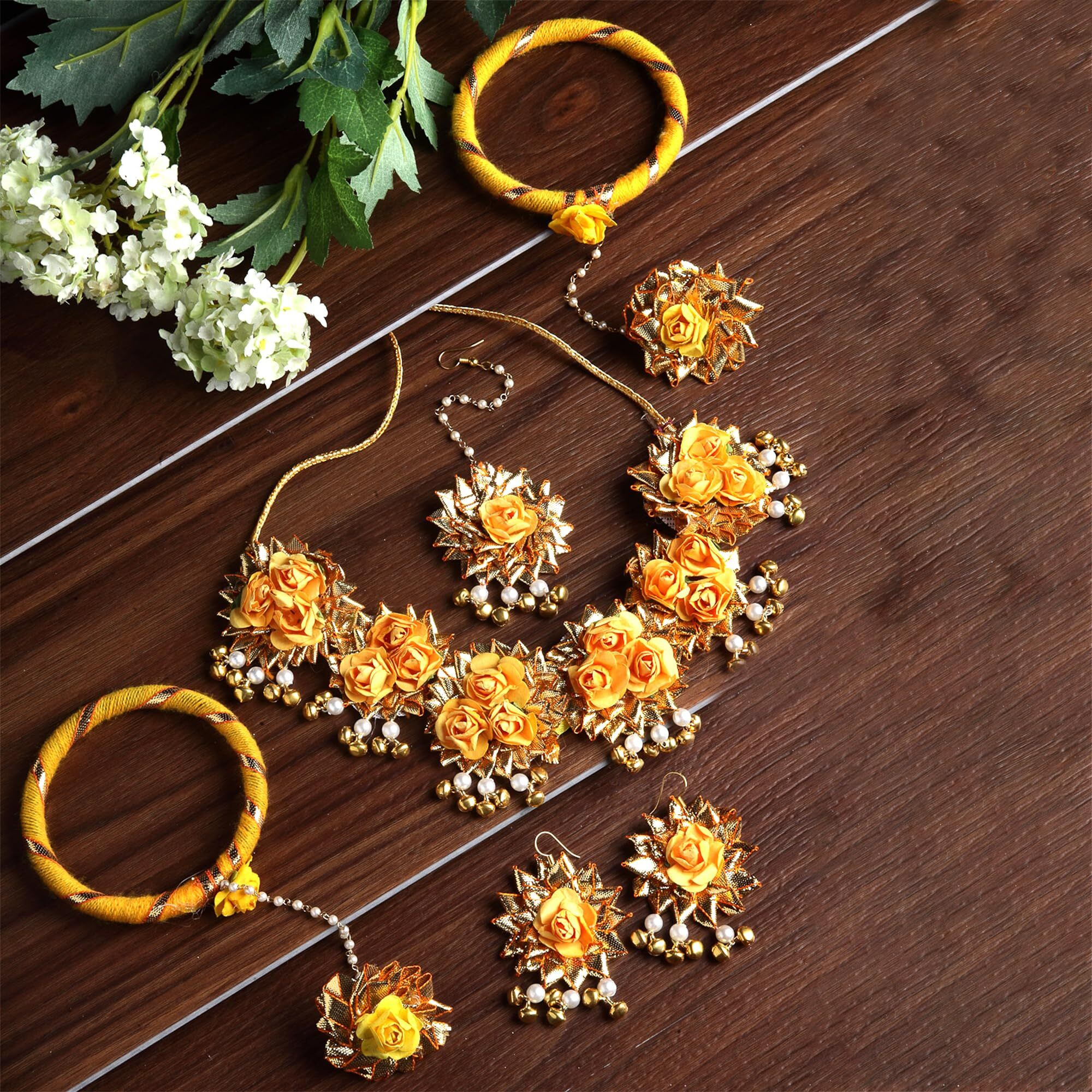 ZENEME Jewellery Pearl Designer Yellow & Gold Jewellery Set with 5 Items for Women & Girls (Mehandi/Haldi Bridal/Baby Shower)