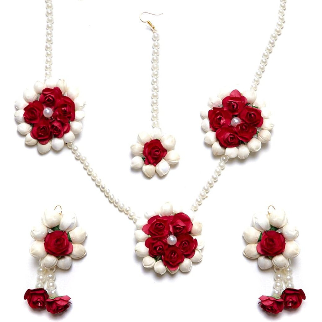 ZENEME Jewellery Pearl Designer White & Red Jewellery Set with 3 Items for Women & Girls (Mehandi/Haldi Bridal/Baby Shower)