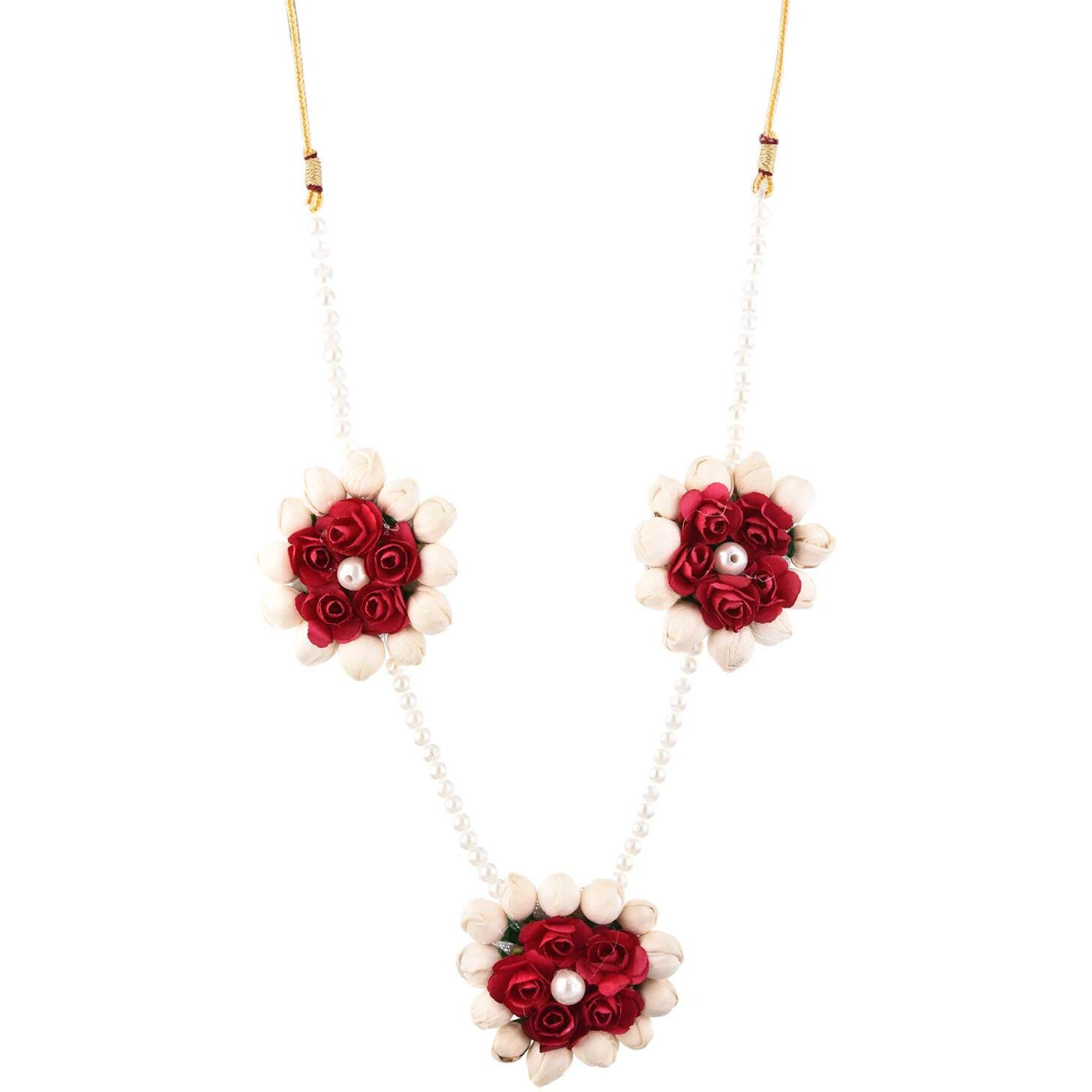 ZENEME Jewellery Pearl Designer White & Red Jewellery Set with 3 Items for Women & Girls (Mehandi/Haldi Bridal/Baby Shower)