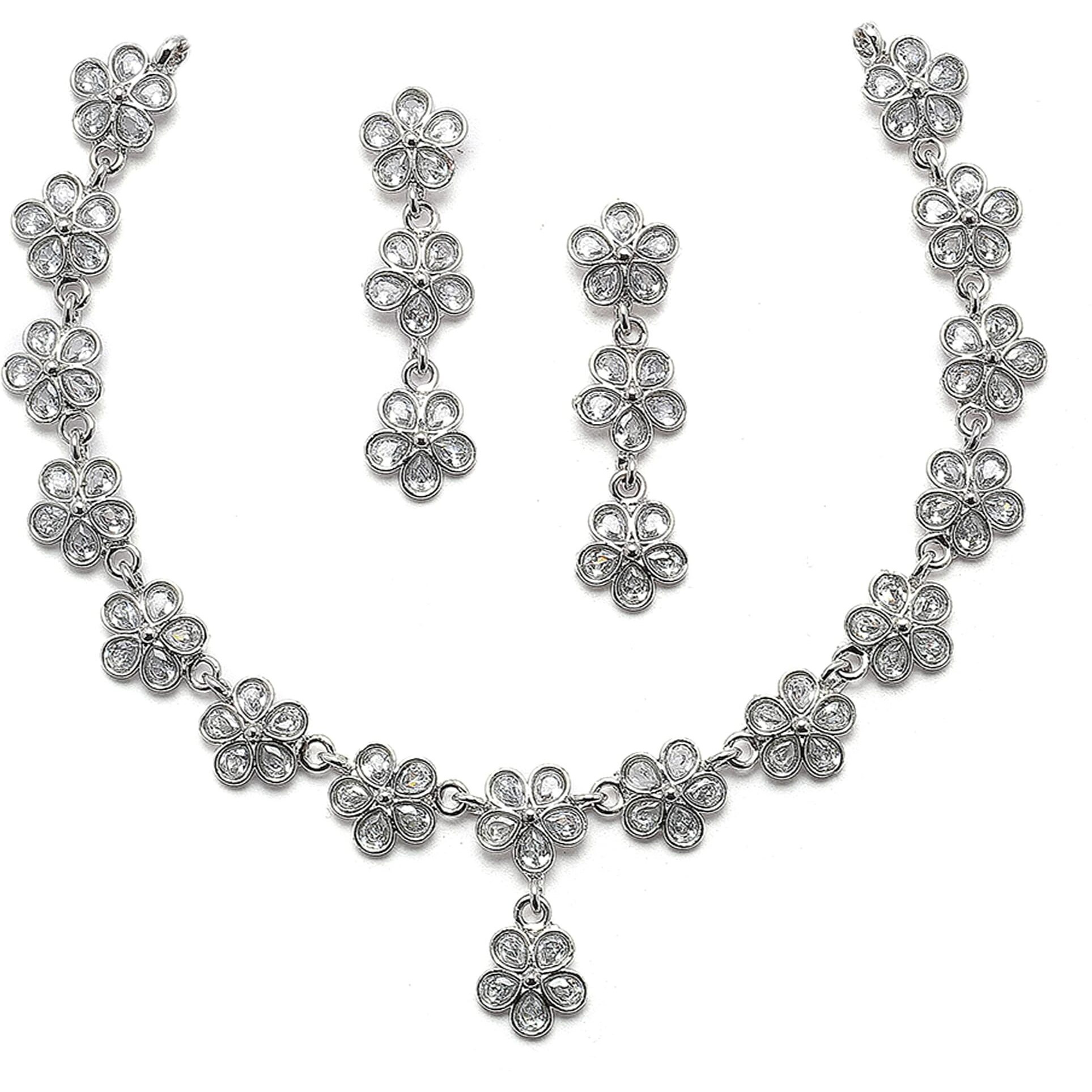 ZENEME Oxidised Silver-Plated Flower Shaped American Diamond Studded Necklace Earrings Jewellery Set for Girls and Women (White)