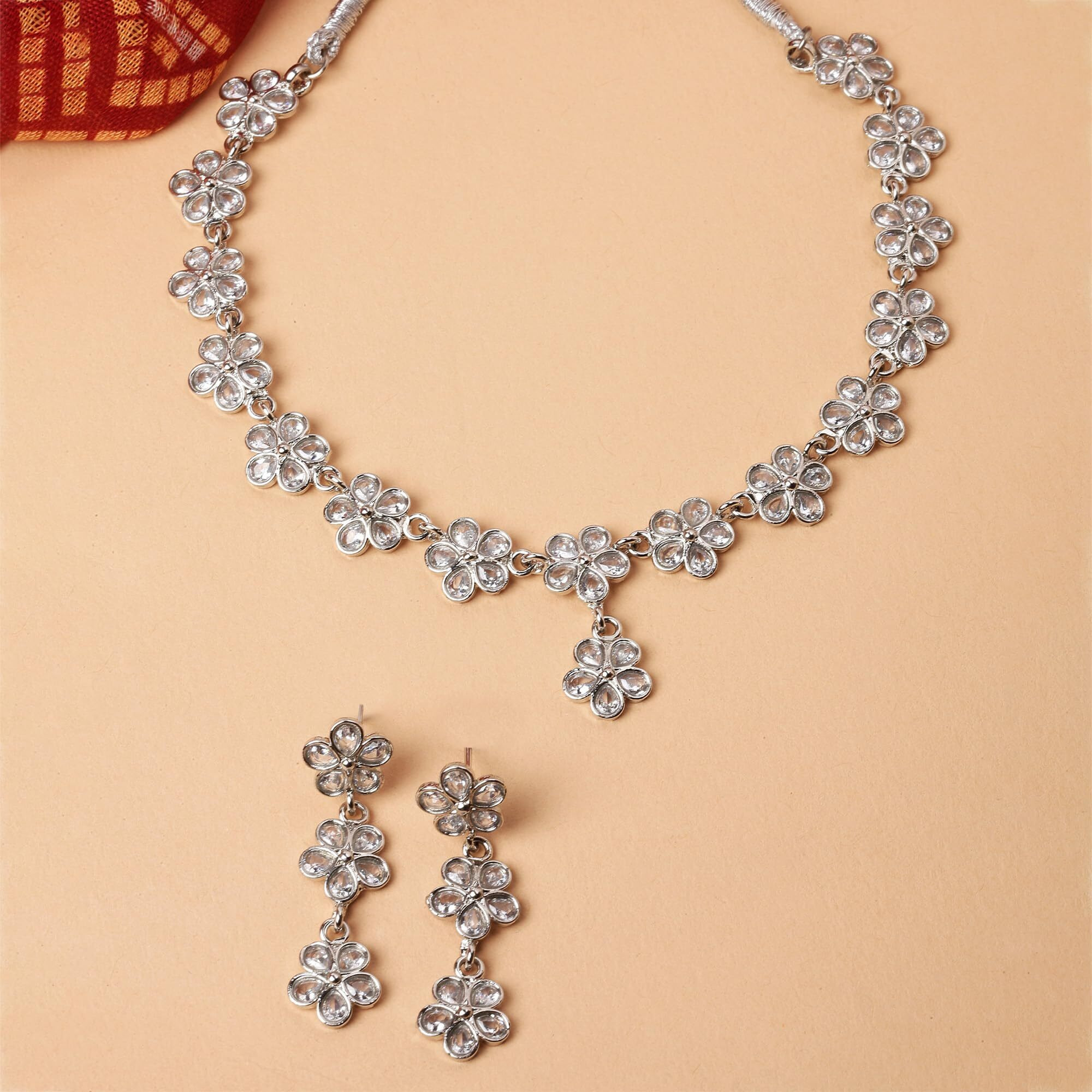 ZENEME Oxidised Silver-Plated Flower Shaped American Diamond Studded Necklace Earrings Jewellery Set for Girls and Women (White)