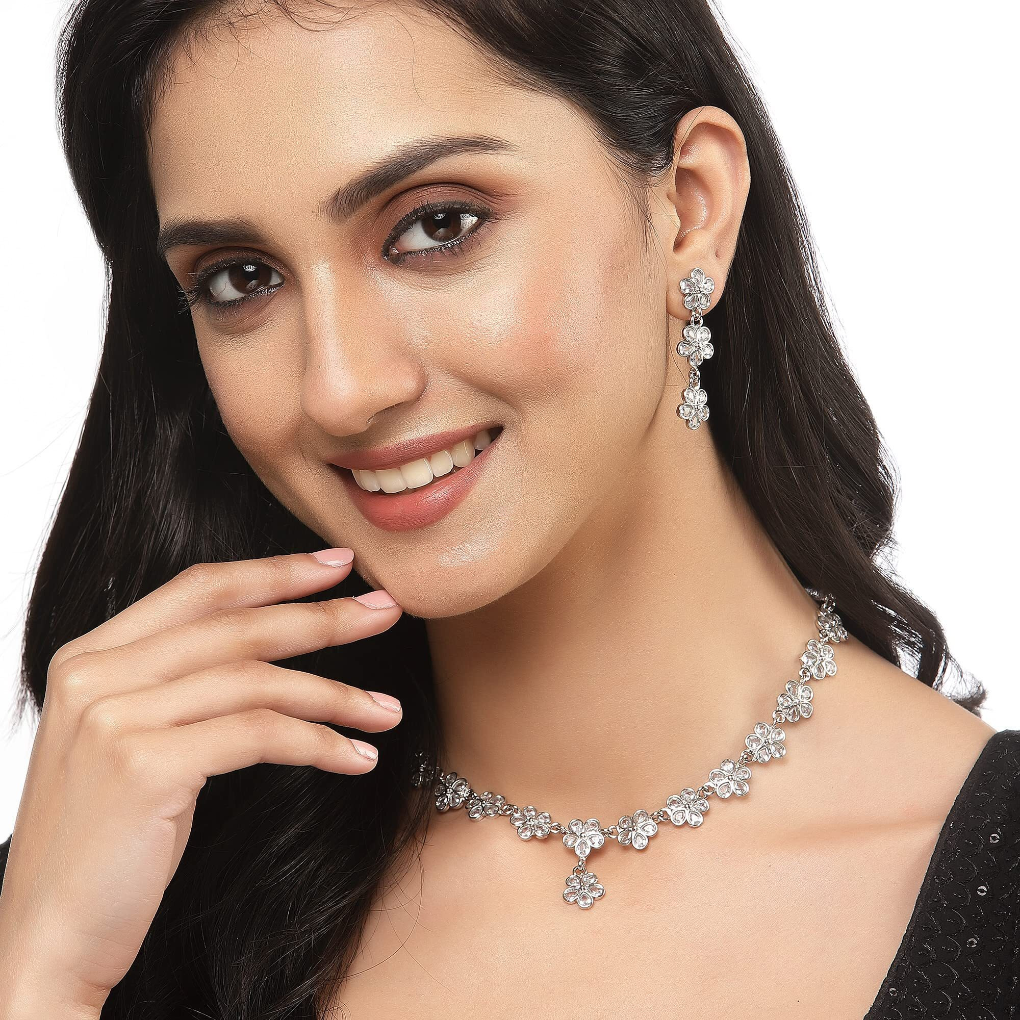 ZENEME Oxidised Silver-Plated Flower Shaped American Diamond Studded Necklace Earrings Jewellery Set for Girls and Women (White)