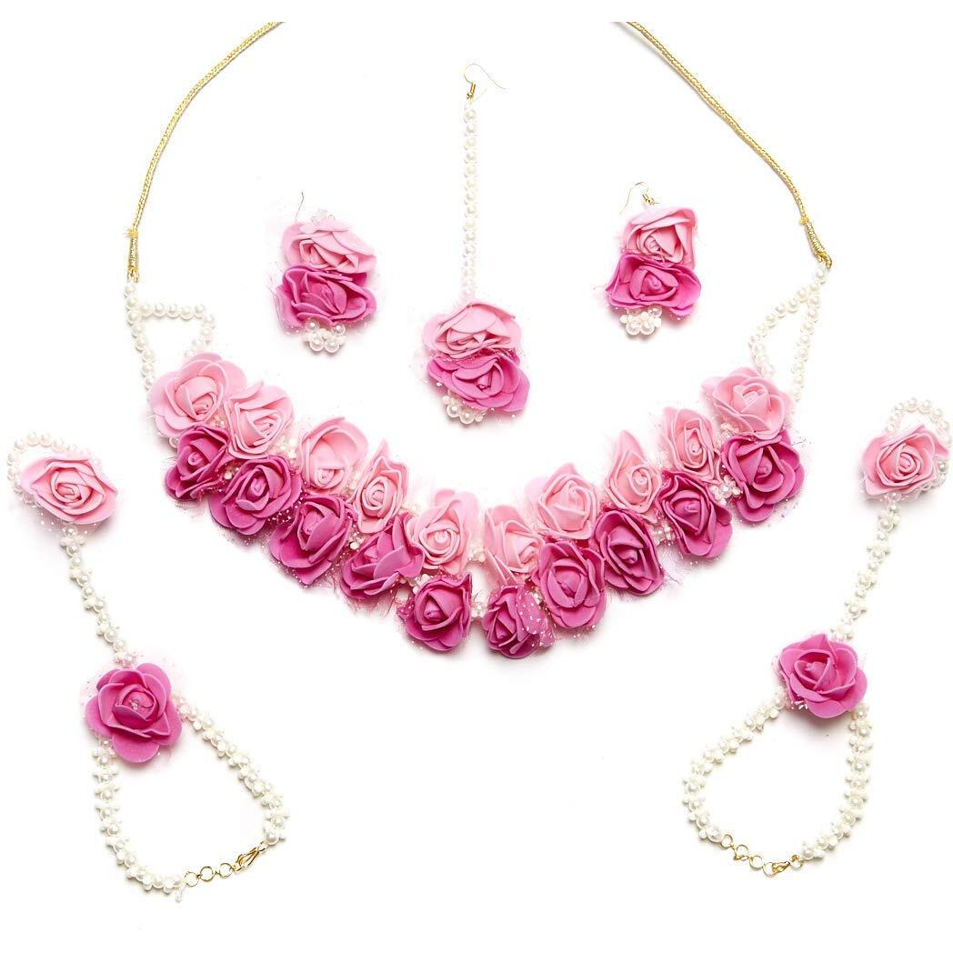ZENEME Jewellery Set for Women Floret Gota Patti Necklace, Earrings, Bracelet & Maang Tika for Women & Girls (Mehandi/Haldi)